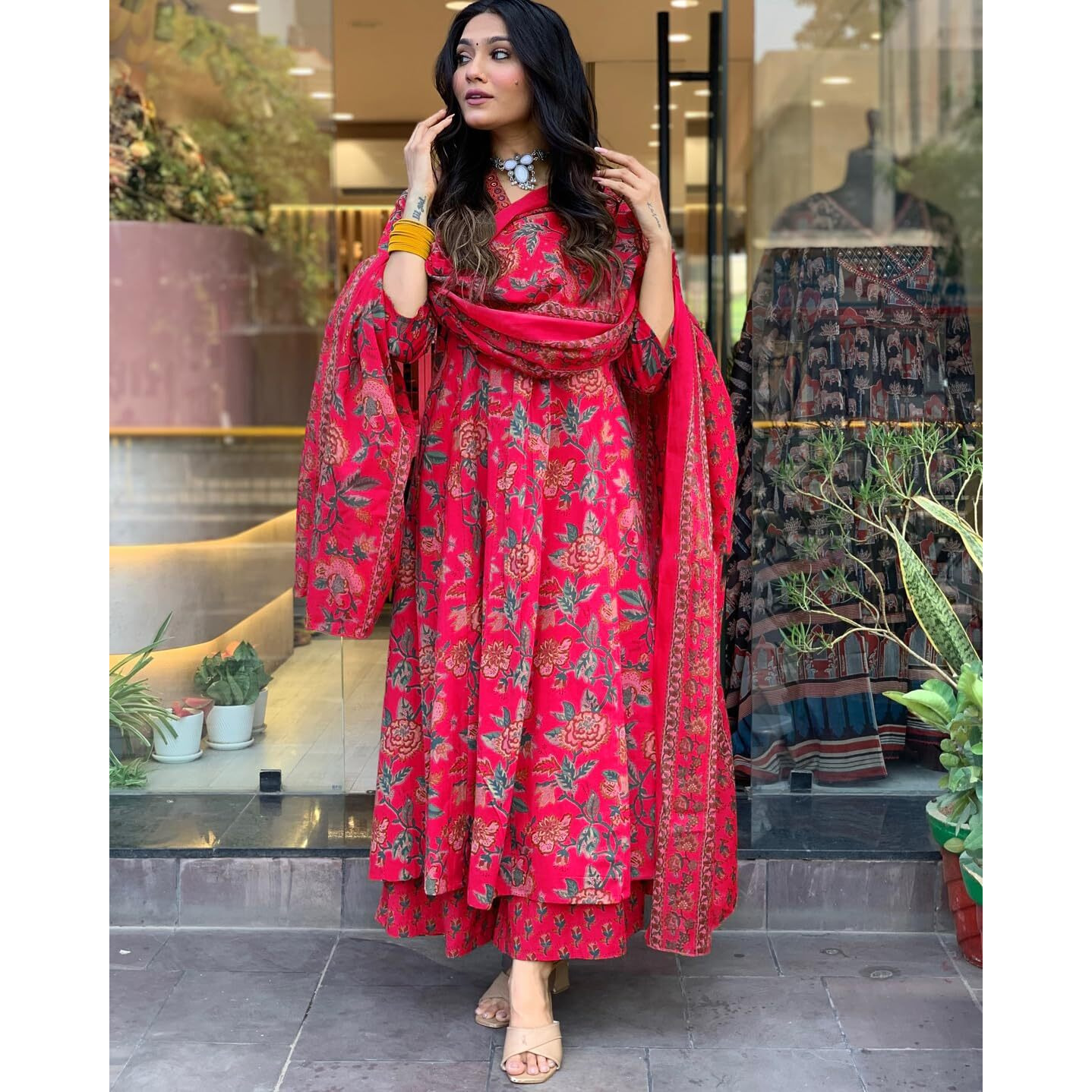 Gosriki Women's Rayon Viscose Anarkali Printed Kurta With Palazzo & Dupatta (Cia Pink-Gs_4Xl_Pink_Xxxx-Large)