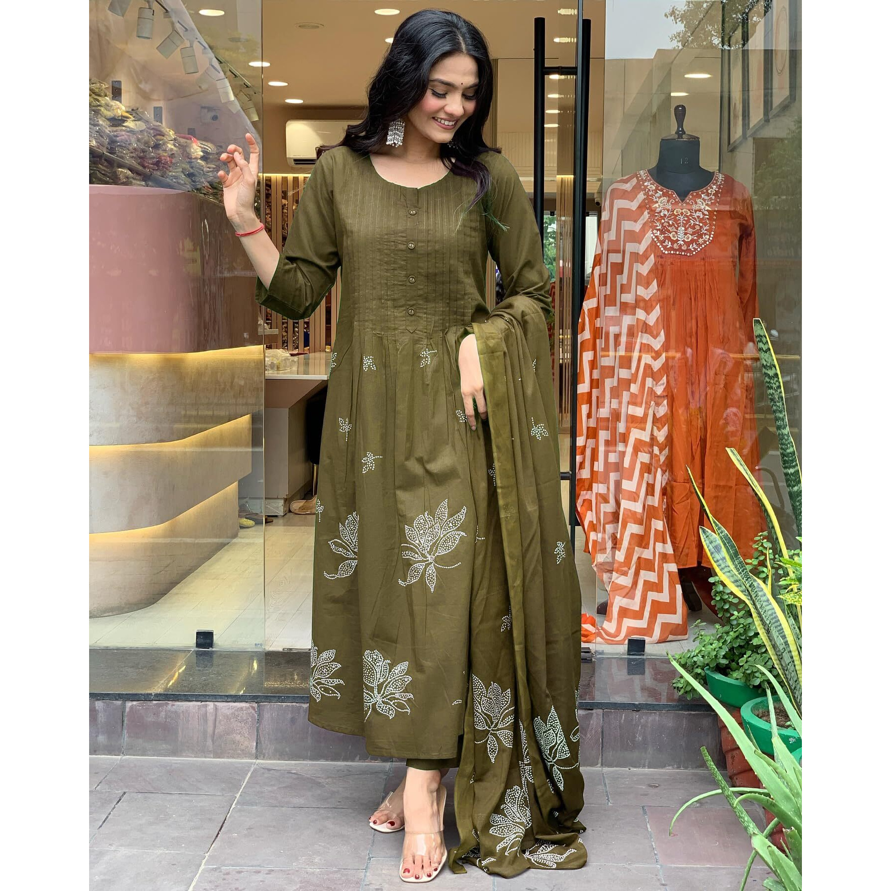 Gosriki Women's Rayon Viscose Anarkali Printed Kurta With Pant & Dupatta (Gangori Mehandi-Gs_Xxl_Mehandi_Xx-Large)