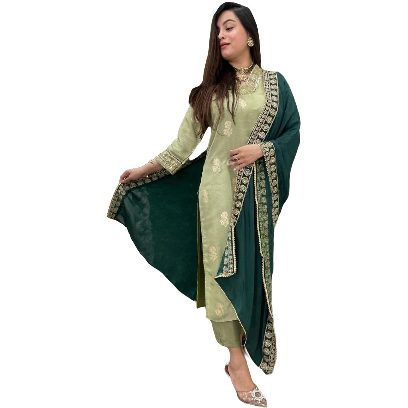 Gosriki Women's Rayon Viscose Printed Straight Kurta With Pant & Dupatta (Udh Pista-Gs_Xxl_Pista_Xx-Large)