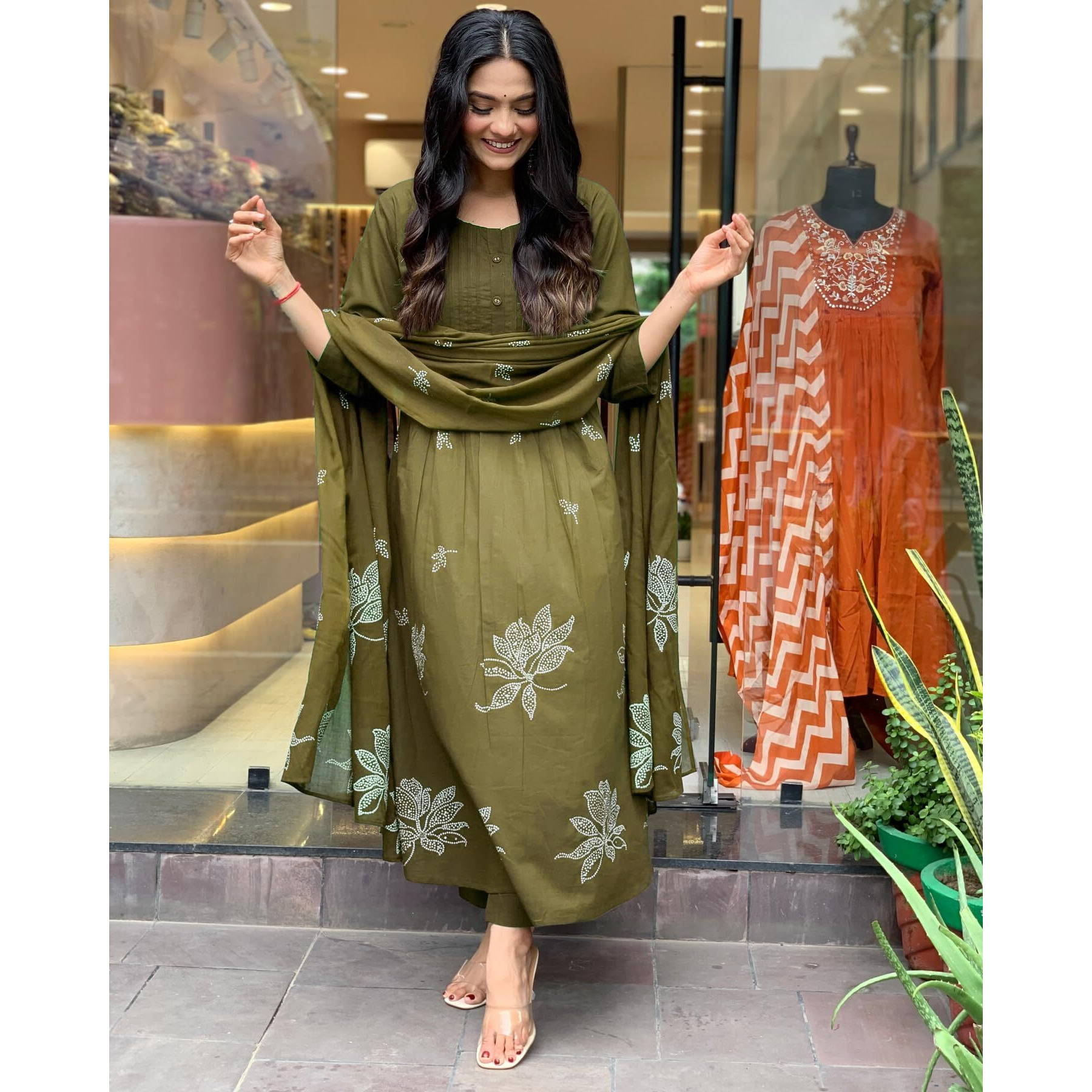 Gosriki Women's Rayon Viscose Anarkali Printed Kurta With Pant & Dupatta (Gangori Mehandi-Gs_M_Mehandi_Medium)