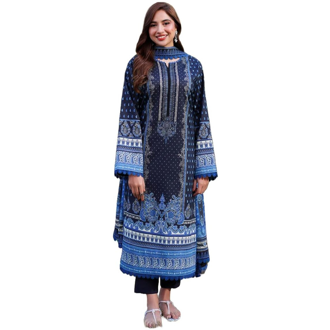 Gosriki Women's Rayon Viscose Printed Straight Pakistani Suits For Women Kurta Set (Deniz Blue-Gs_Xl_Blue_X-Large)