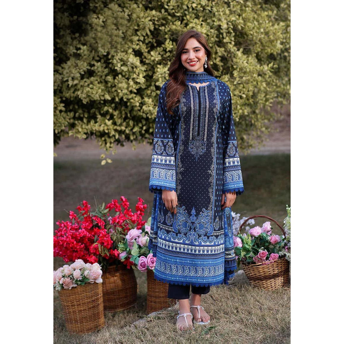 Gosriki Women's Rayon Viscose Printed Straight Pakistani Suits For Women Kurta Set (Deniz Blue-Gs_Xl_Blue_X-Large)