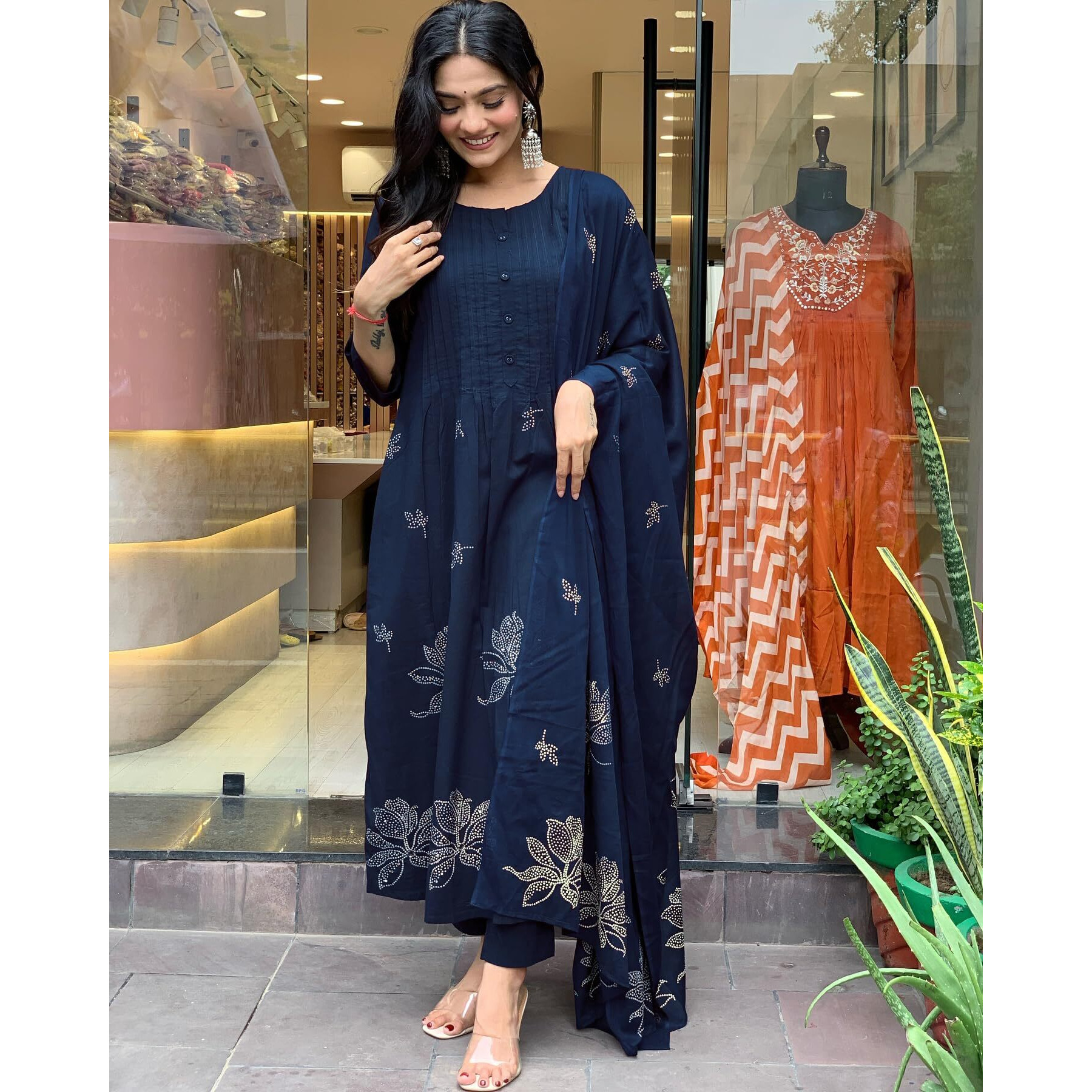 Gosriki Women's Rayon Viscose Anarkali Printed Kurta With Pant & Dupatta (Gangori Kerosin-Gs_M_Dark Blue_Medium)