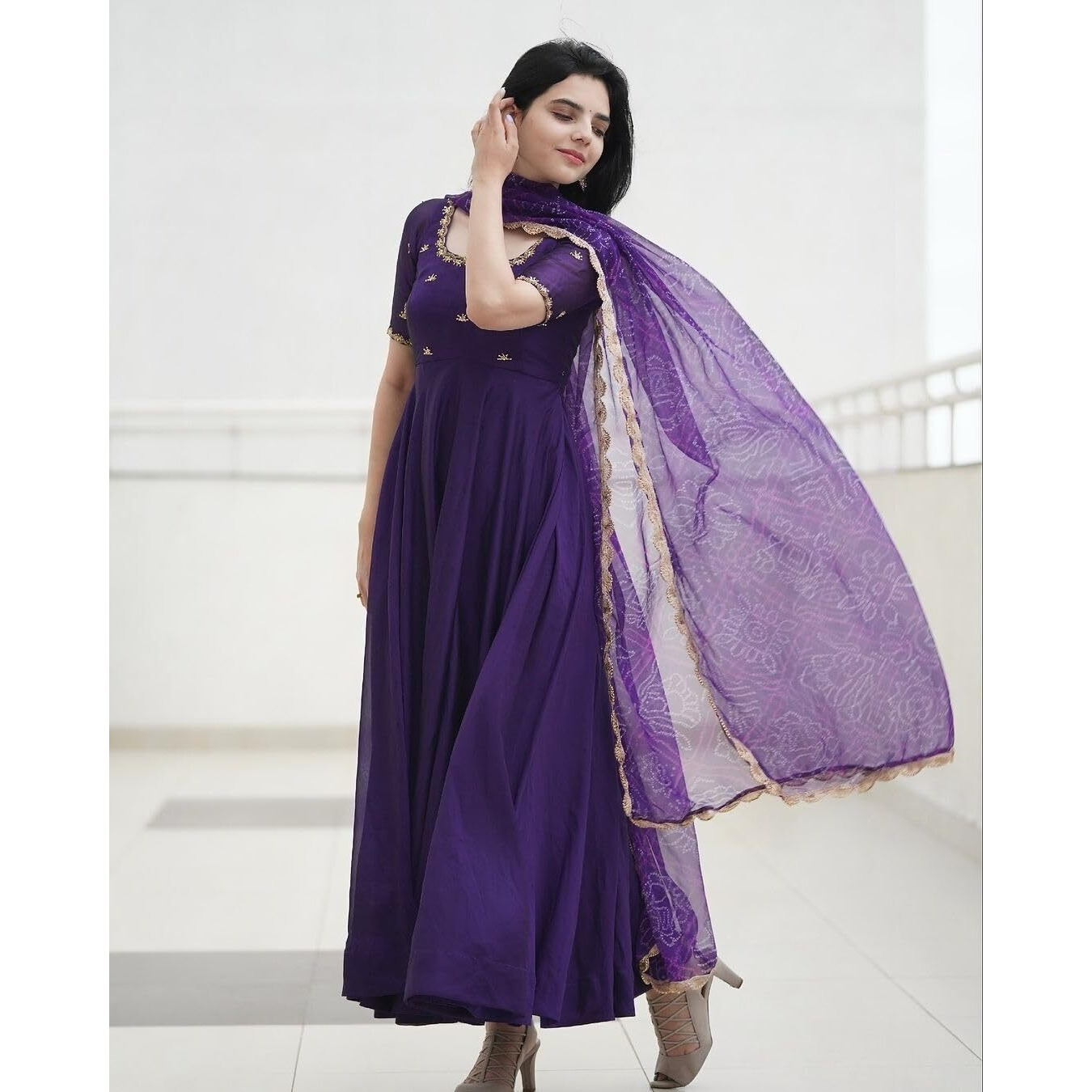 Gosriki Women's Rayon Blend Anarkali Embroidered Kurta With Pant & Dupatta (Gumsum Begani-Gs_M_Begani_Medium)