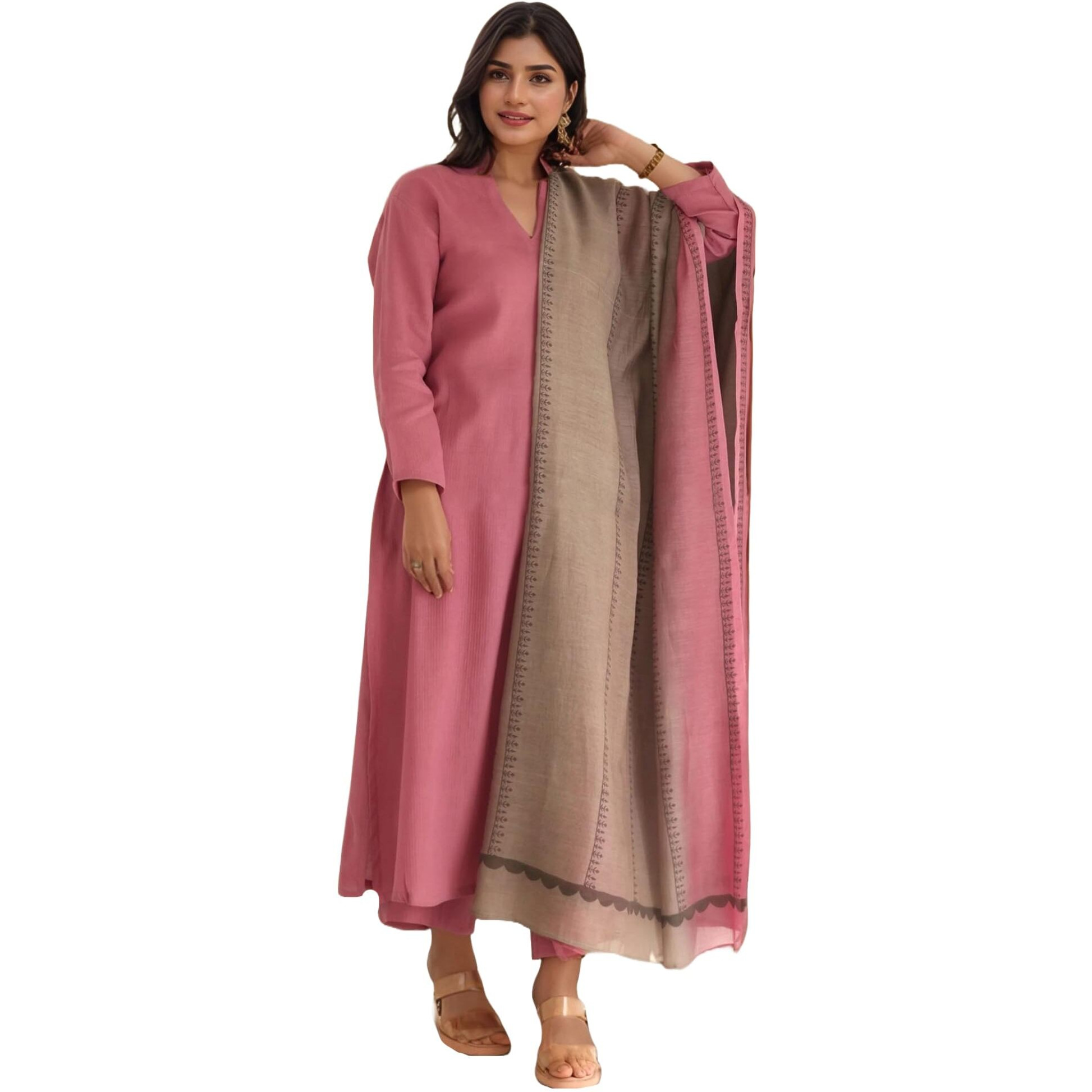 Gosriki Women's Silk Blend Straight Solid Kurta With Pant & Dupatta (Kamleya Pink-Vks01-Gs_L_Pink_Large)