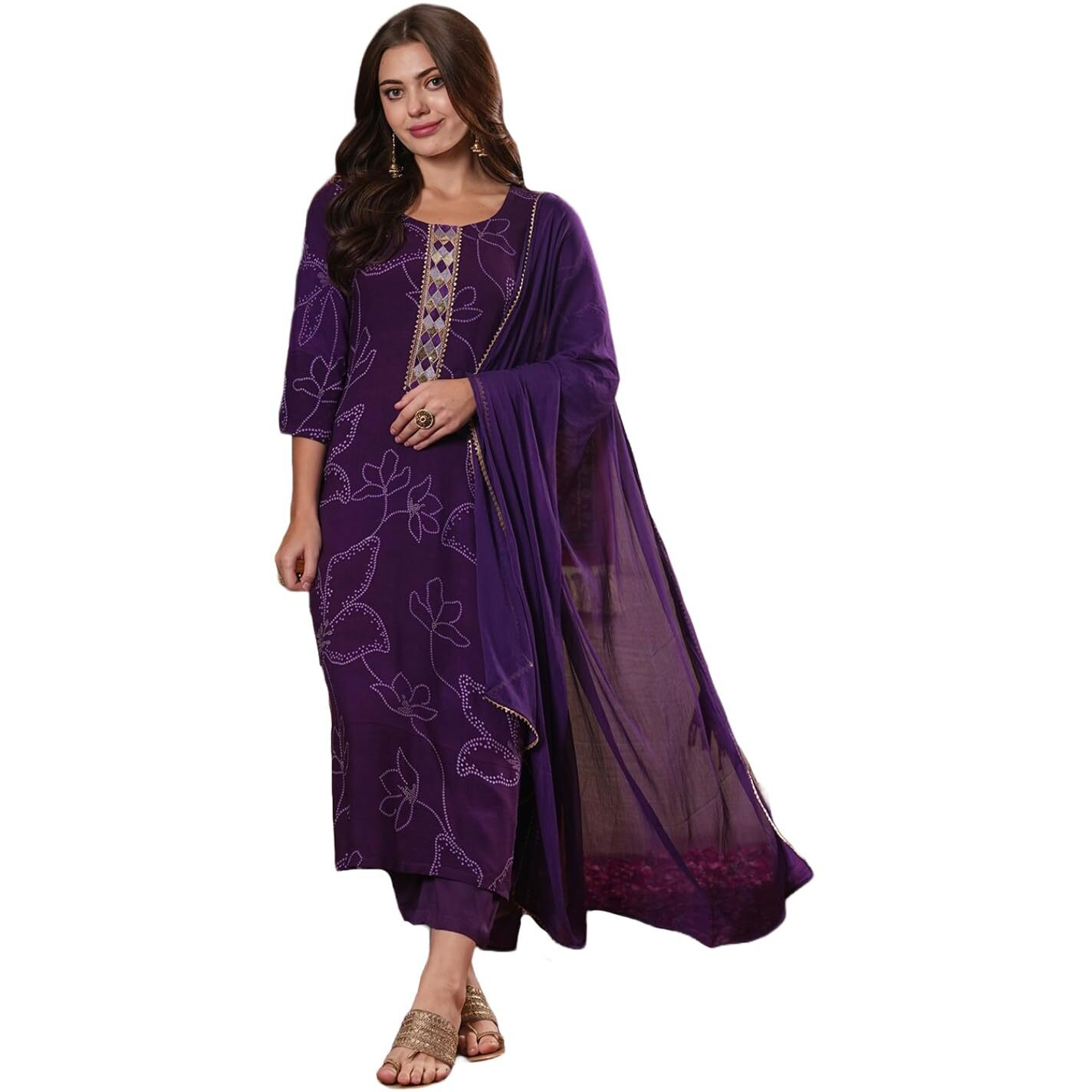 Gosriki Women's Cotton Blend Straight Printed Kurta With Pant & Dupatta (Manini Begani-Vks01-Gs_L_Begani_Large)