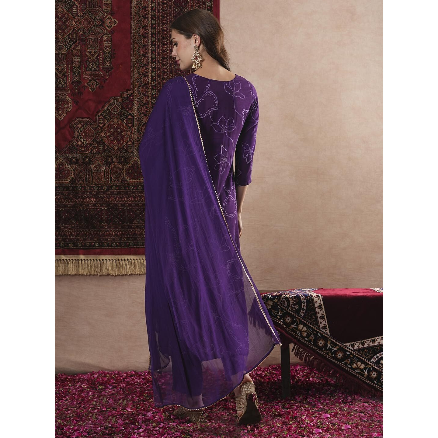 Gosriki Women's Cotton Blend Straight Printed Kurta With Pant & Dupatta (Manini Begani-Vks01-Gs_L_Begani_Large)