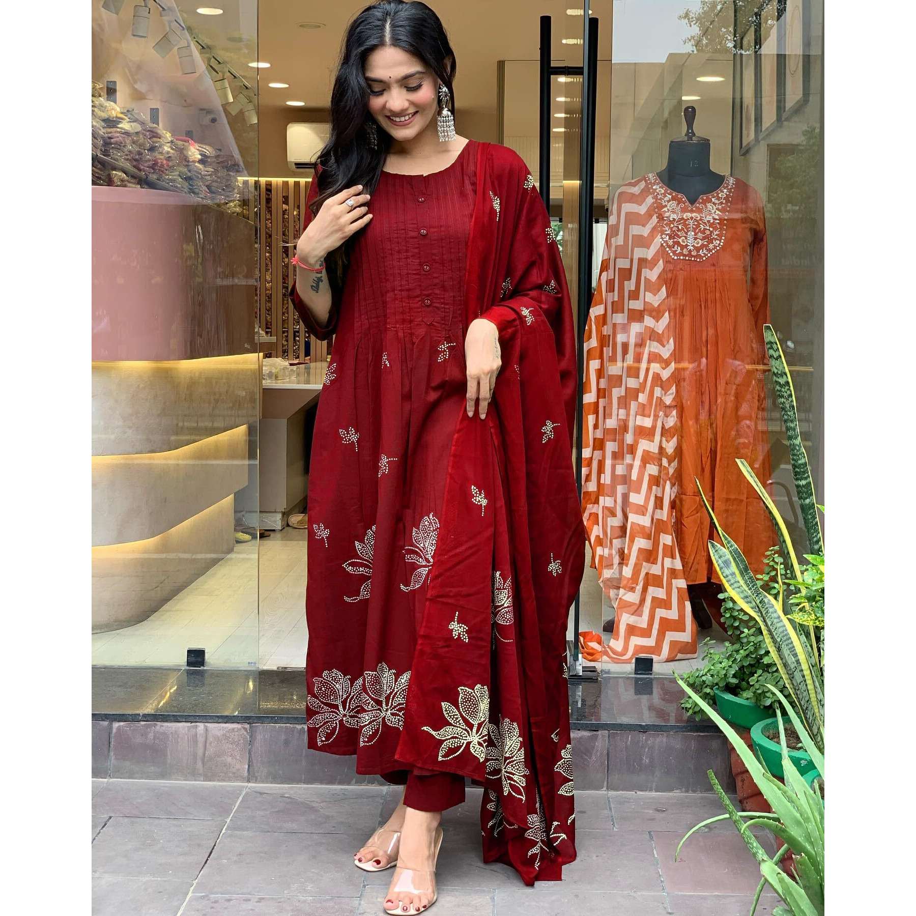 Gosriki Women's Rayon Viscose Anarkali Printed Kurta With Pant & Dupatta (Gangori Red-Gs_Xl_Red_X-Large)