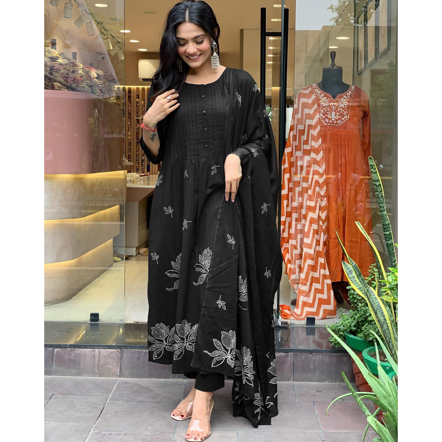 Gosriki Women's Rayon Viscose Anarkali Printed Kurta With Pant & Dupatta (Gangori Black-Gs_M_Black_Medium)