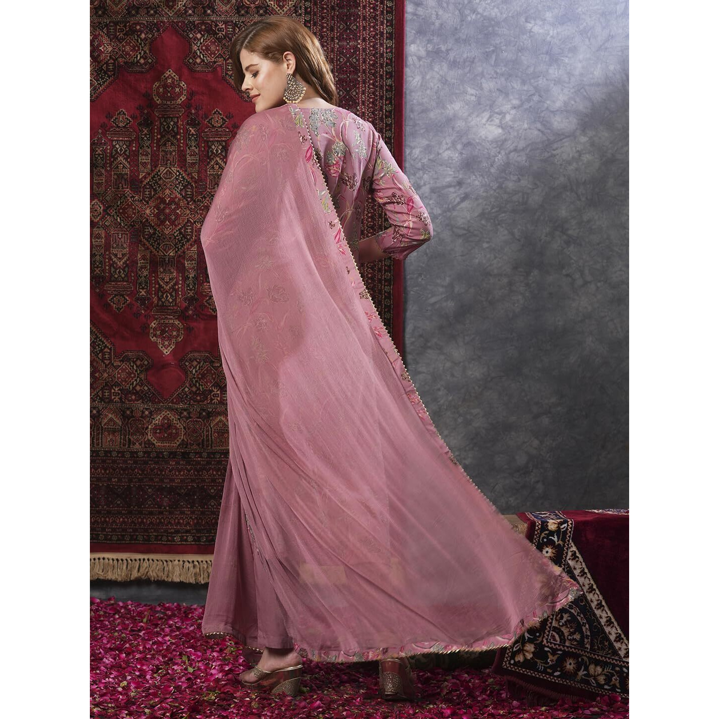 Gosriki Women's Rayon Blend Printed Straight Kurta With Pant & Dupatta (Vice Peach-Vks02-Gs_S_Peach_Small)
