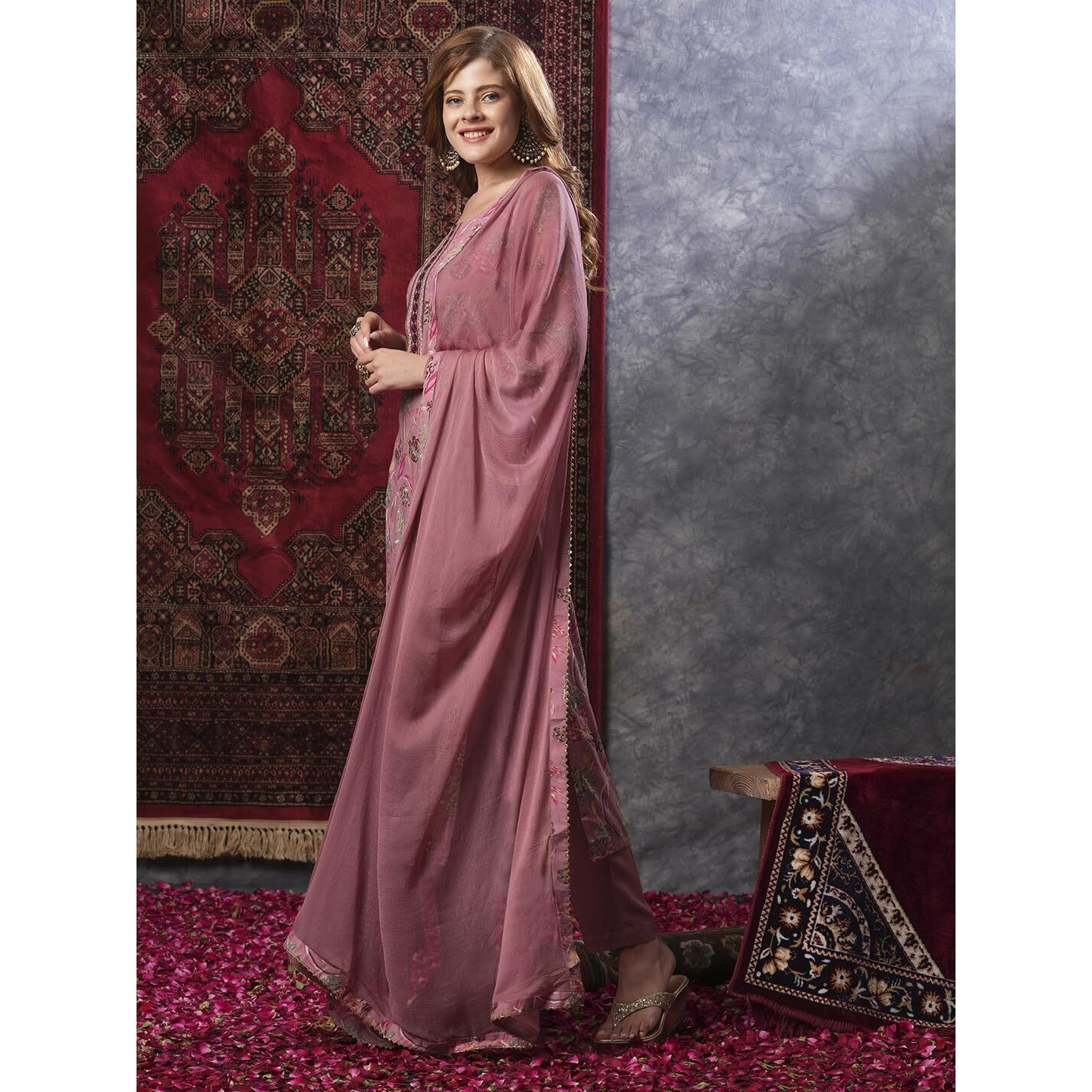 Gosriki Women's Rayon Blend Printed Straight Kurta With Pant & Dupatta (Vice Peach-Vks02-Gs_S_Peach_Small)