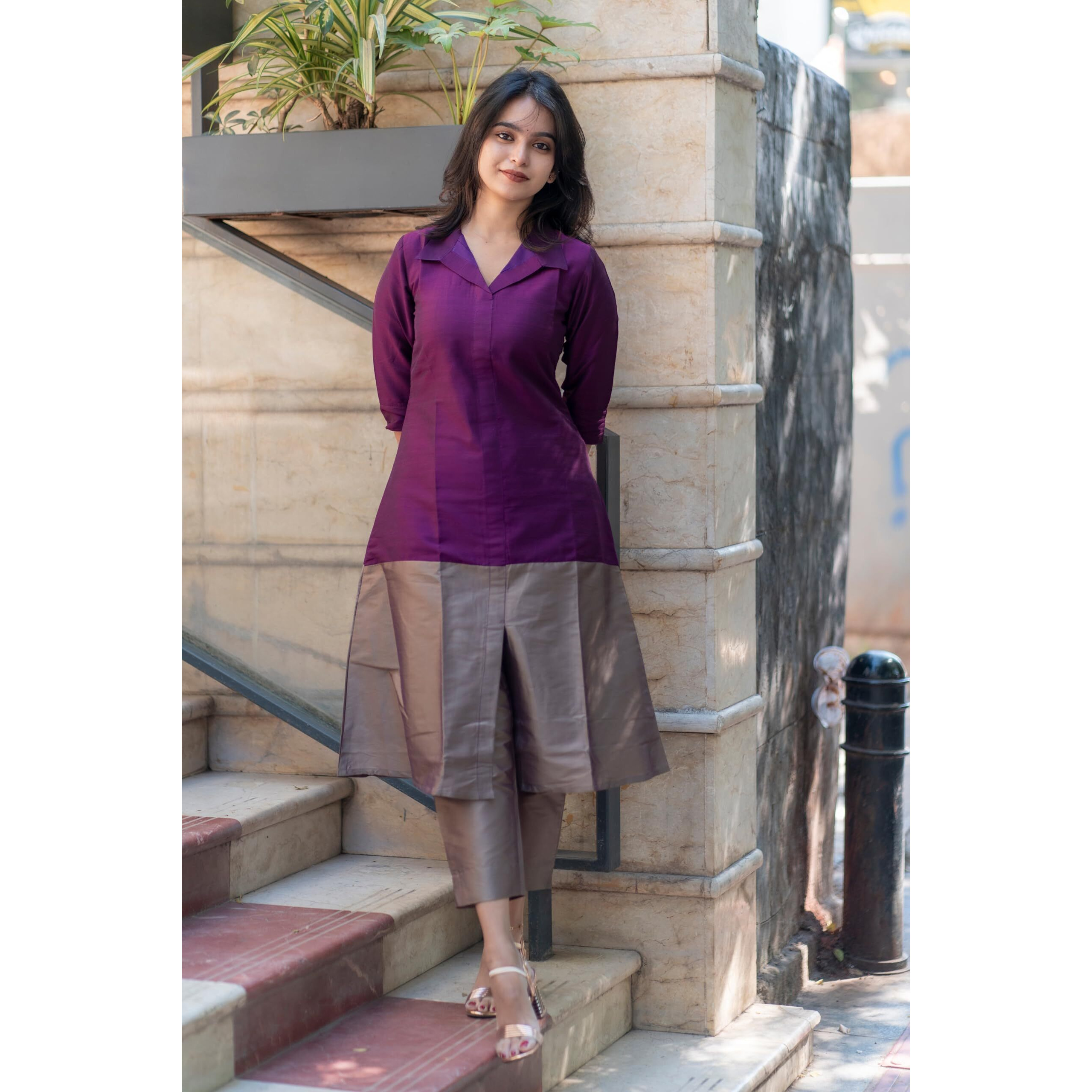 Gosriki Women's Rayon Viscose A-Line Solid Kurta With Pant (Naima Wine-Gs_L_Wine_Large)