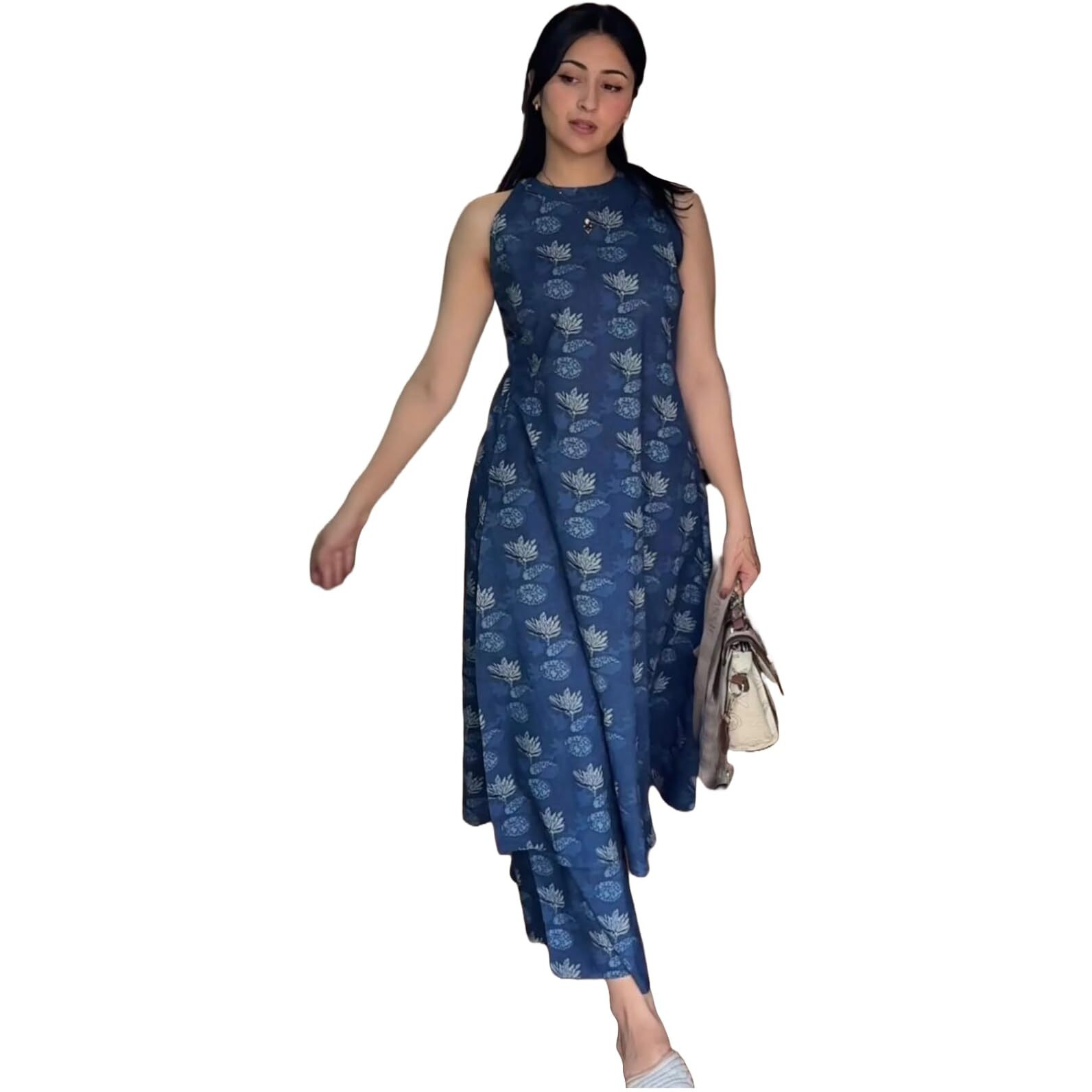 Gosriki Women's Rayon Viscose Printed A-Line Kurta With Pant (Aashvi Blue-Gs_L_Blue_Large)