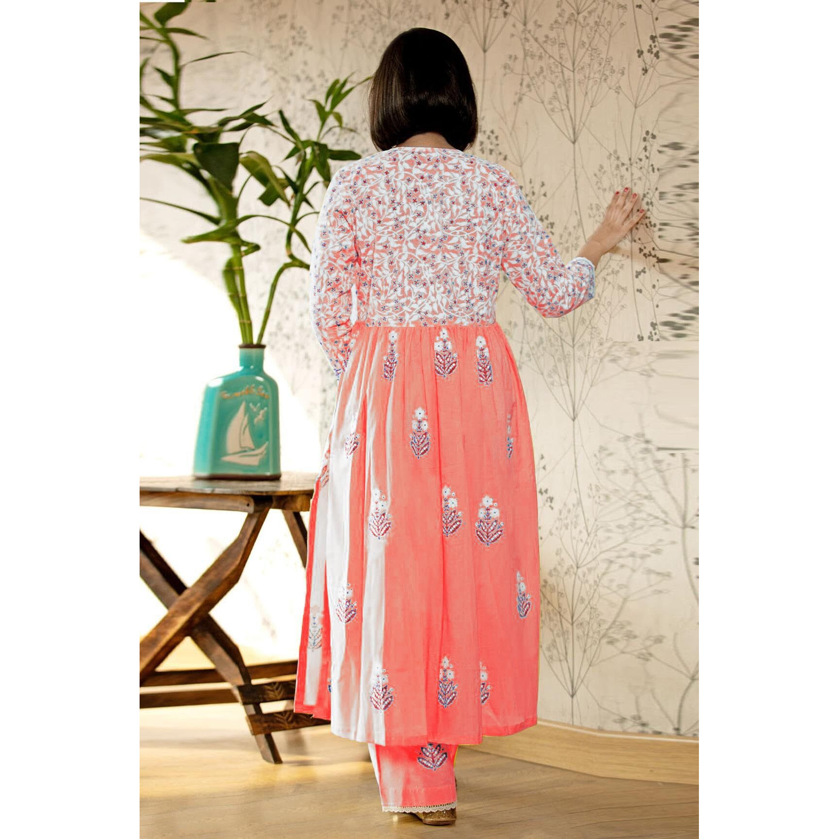 Gosriki Women's Rayon Blend Anarkali Printed Kurta With Pant & Dupatta (Renu Peach-Gs_S_Peach_Small)