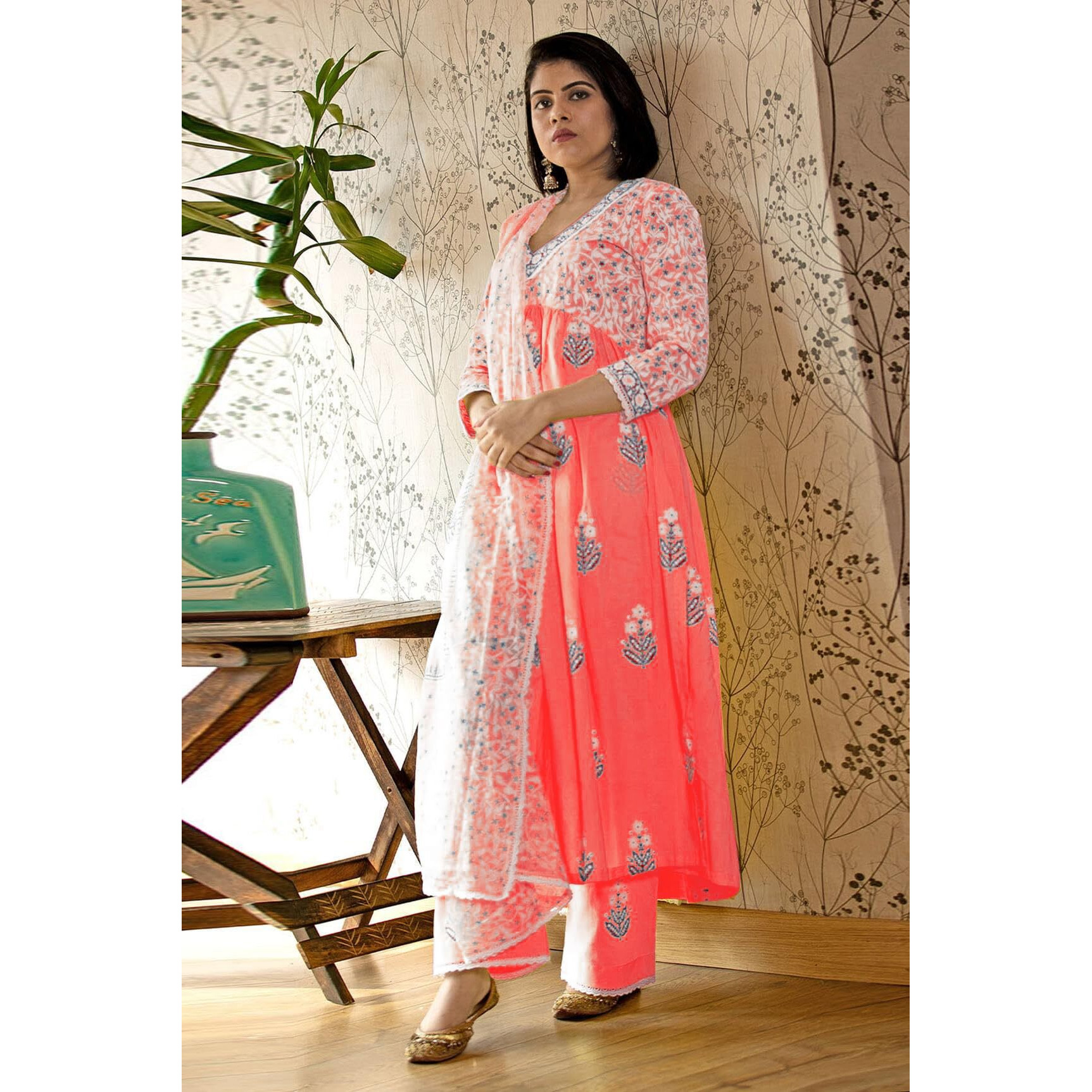 Gosriki Women's Rayon Blend Anarkali Printed Kurta With Pant & Dupatta (Renu Peach-Gs_S_Peach_Small)