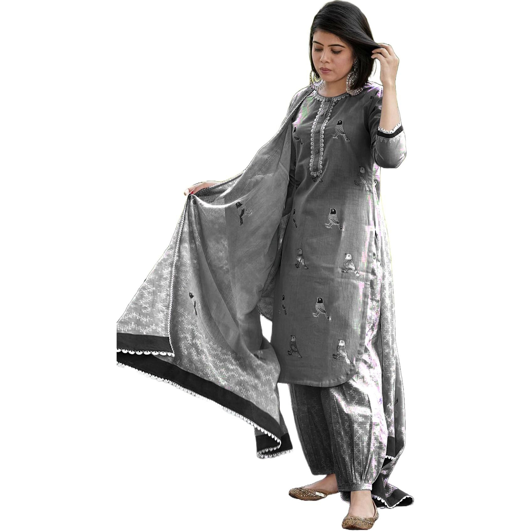 Gosriki Women's Rayon Blend Hand Block Printed Straight Kurta With Pant & Dupatta (Ragsri Grey-Gs_S_Grey_Small)