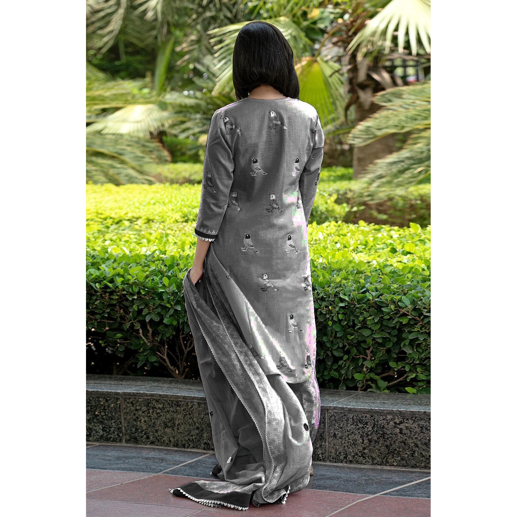 Gosriki Women's Rayon Blend Hand Block Printed Straight Kurta With Pant & Dupatta (Ragsri Grey-Gs_S_Grey_Small)