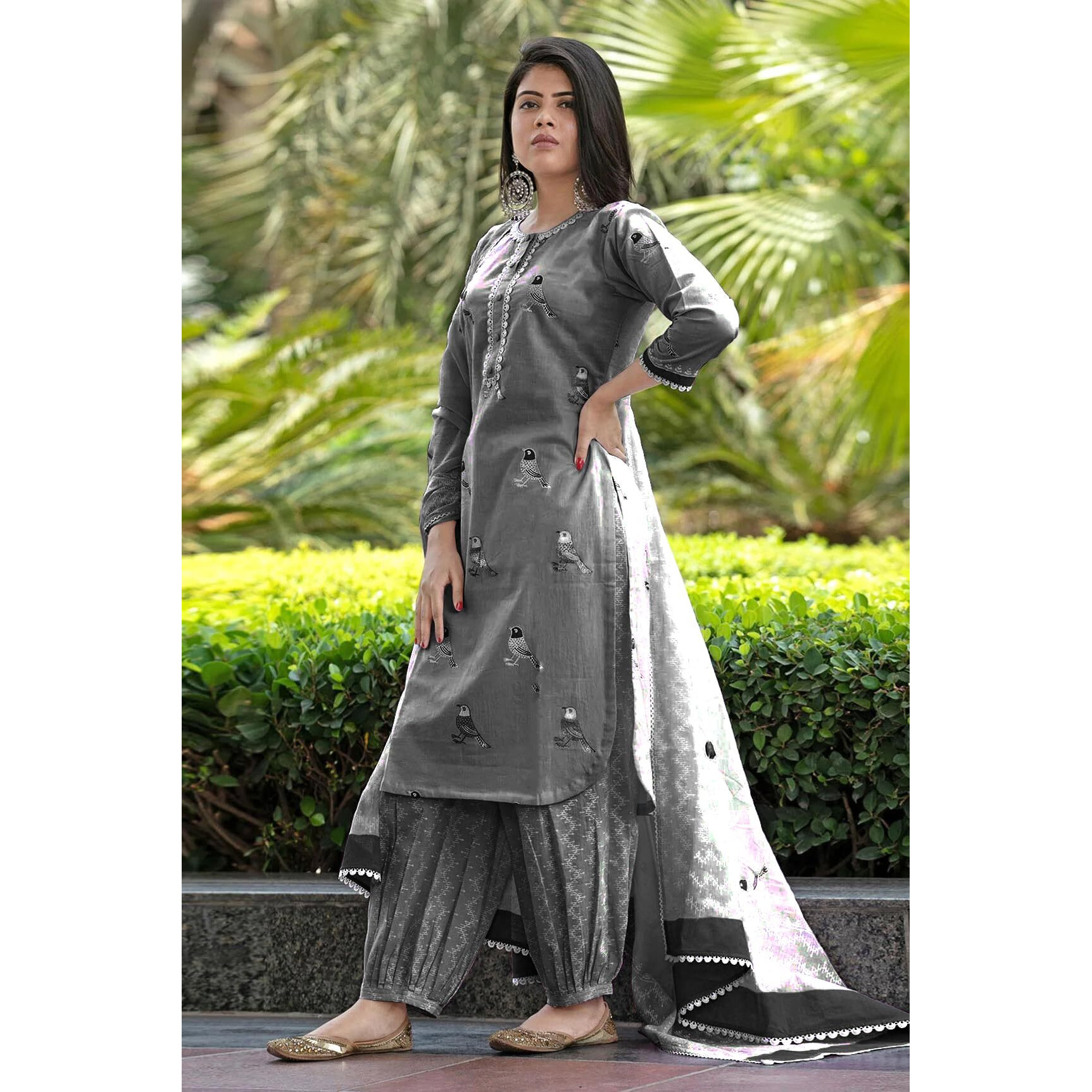 Gosriki Women's Rayon Blend Hand Block Printed Straight Kurta With Pant & Dupatta (Ragsri Grey-Gs_S_Grey_Small)