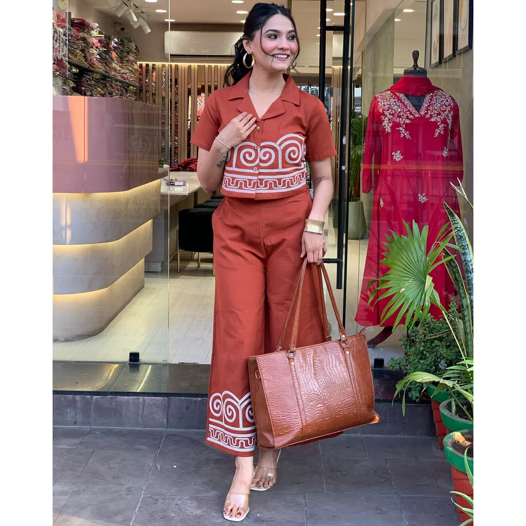 Gosriki Women's Rayon Viscose Straight Printed Kurta With Palazzo (Simla Rust-Gs_Xxl_Rust_Xx-Large)