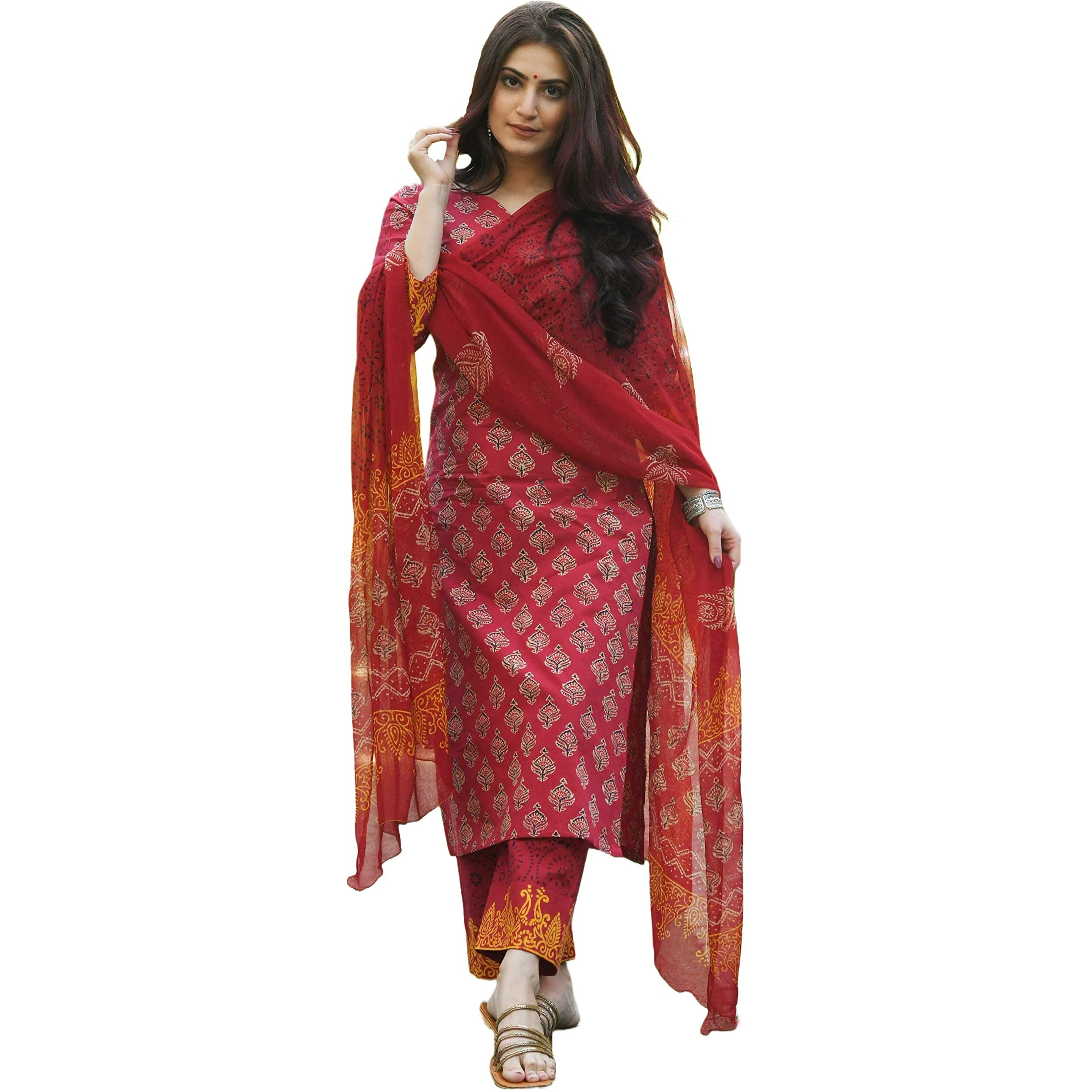 Gosriki Women's Rayon Floral Printed Straight Kurta With Pants & Dupatta (Shank-Maroon-Nw08_S-Gs_Maroon_Small)