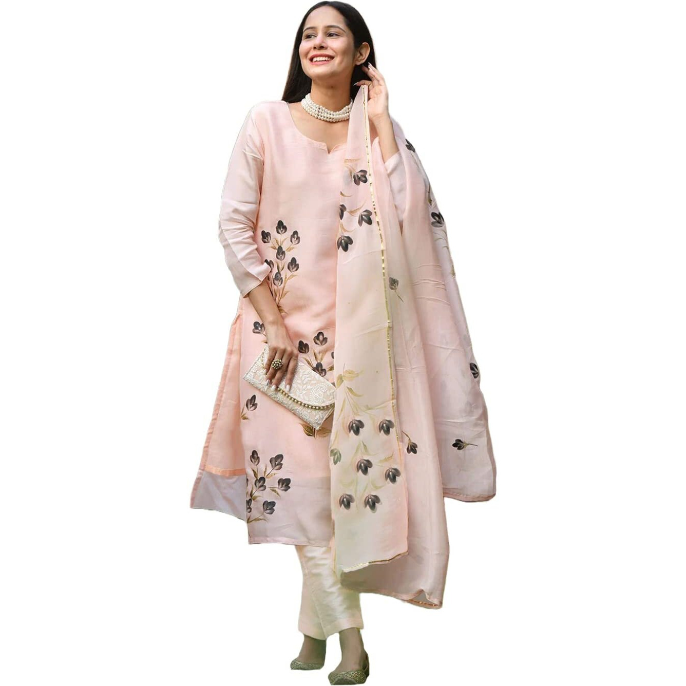 Gosriki Women's Cotton Blend Straight Printed Kurta With Pant & Dupatta (Brush-Peach-Gs_5Xl_Peach_Xxxxx-Large)