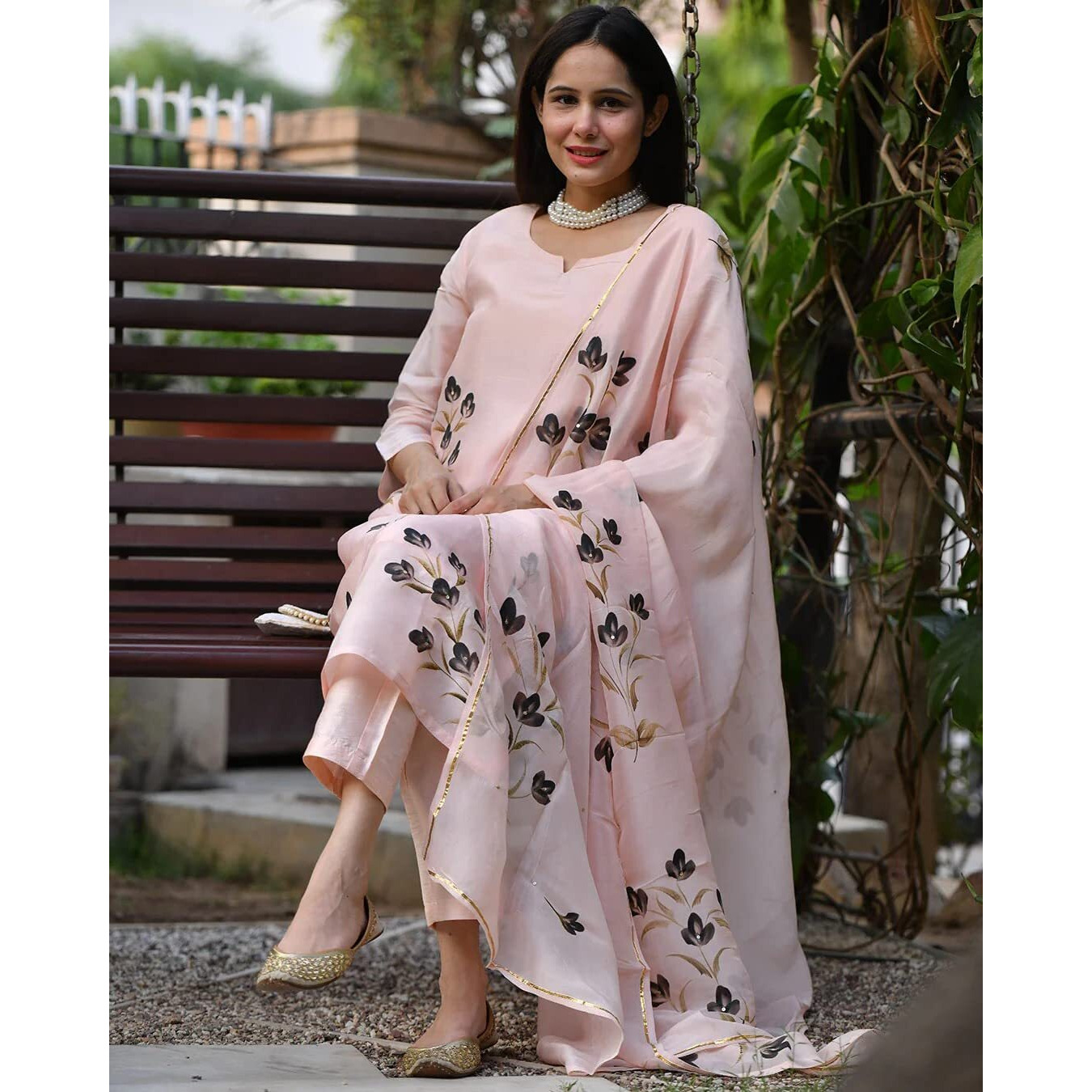 Gosriki Women's Cotton Blend Straight Printed Kurta With Pant & Dupatta (Brush-Peach-Gs_5Xl_Peach_Xxxxx-Large)