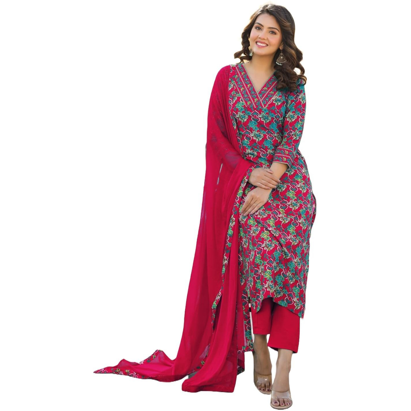 Gosriki Women's Rayon Blend Straight Printed Kurta With Pant & Dupatta (Shaniya Pink-Gs_S_Pink_Small)