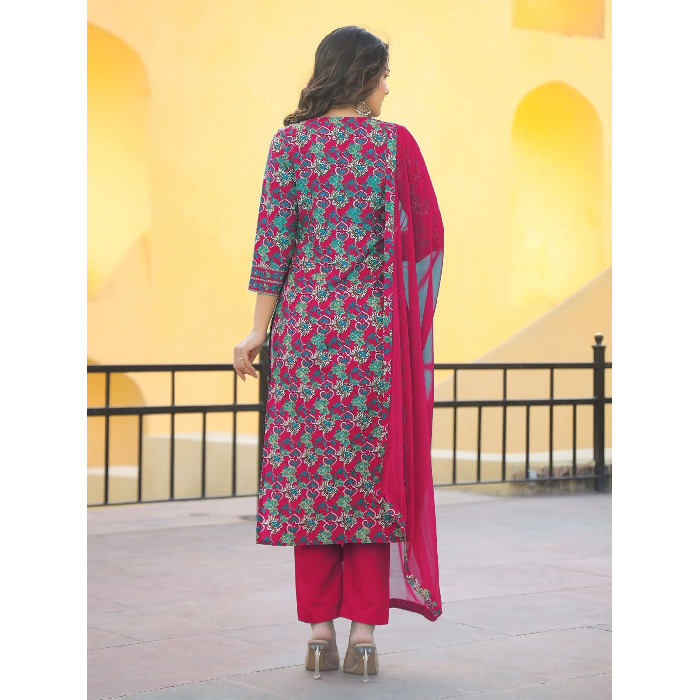 Gosriki Women's Rayon Blend Straight Printed Kurta With Pant & Dupatta (Shaniya Pink-Gs_S_Pink_Small)