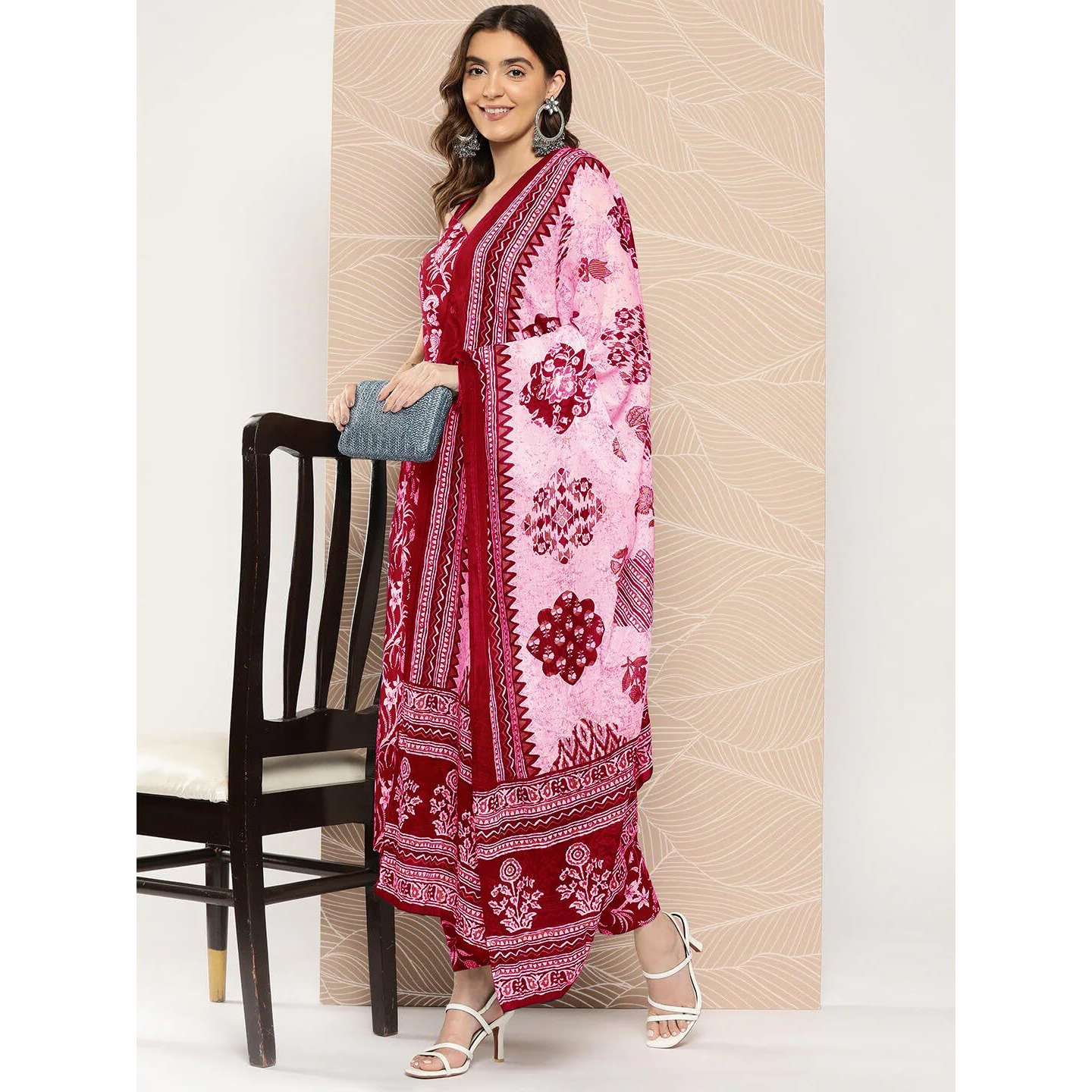Gosriki Women's Rayon Blend Straight Printed Kurta With Pant & Dupatta (Ball-Pink-Gs_Xl_Pink_X-Large)