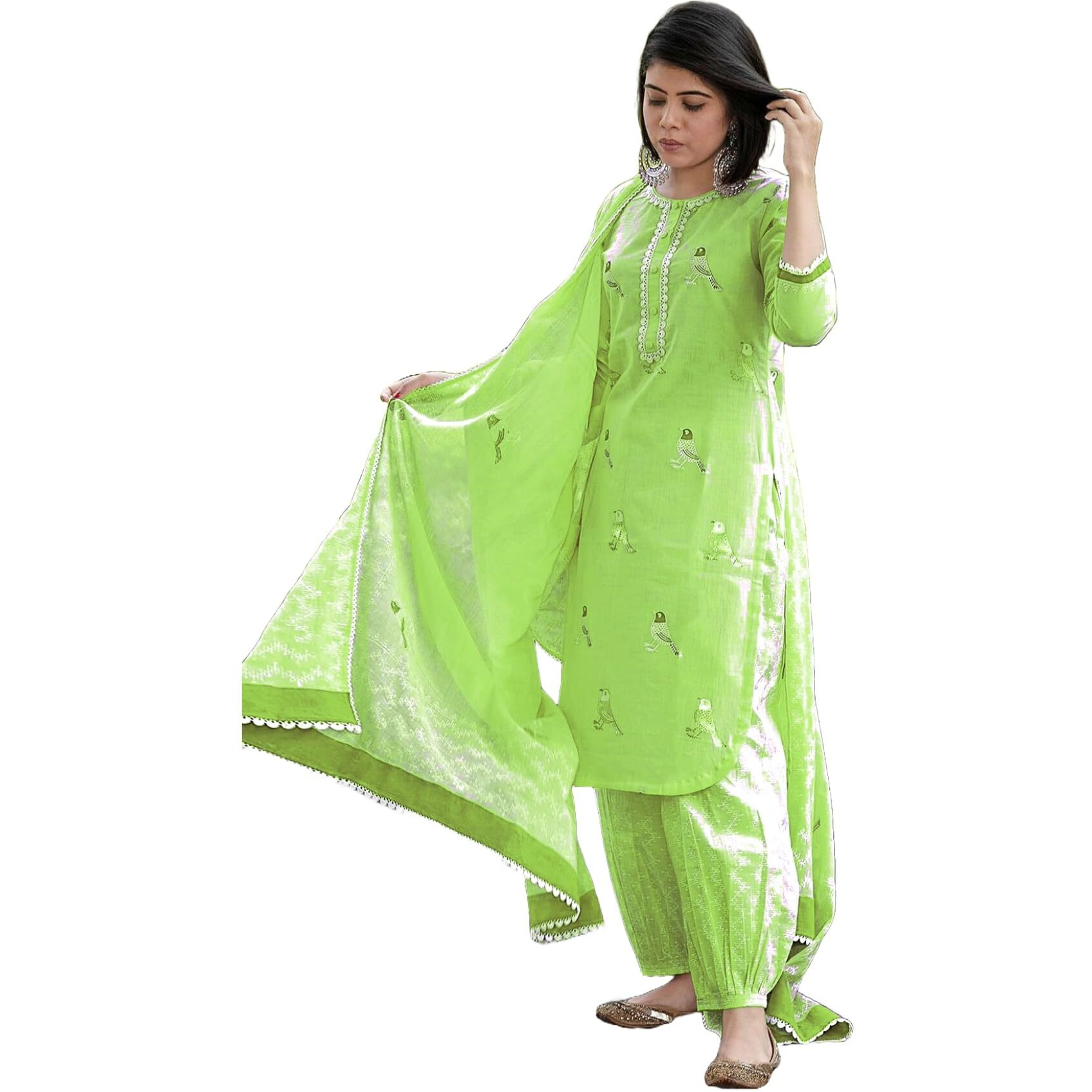 Gosriki Women's Rayon Blend Hand Block Printed Straight Kurta With Pant & Dupatta (Ragsri Green-Gs_S_Green_Small)