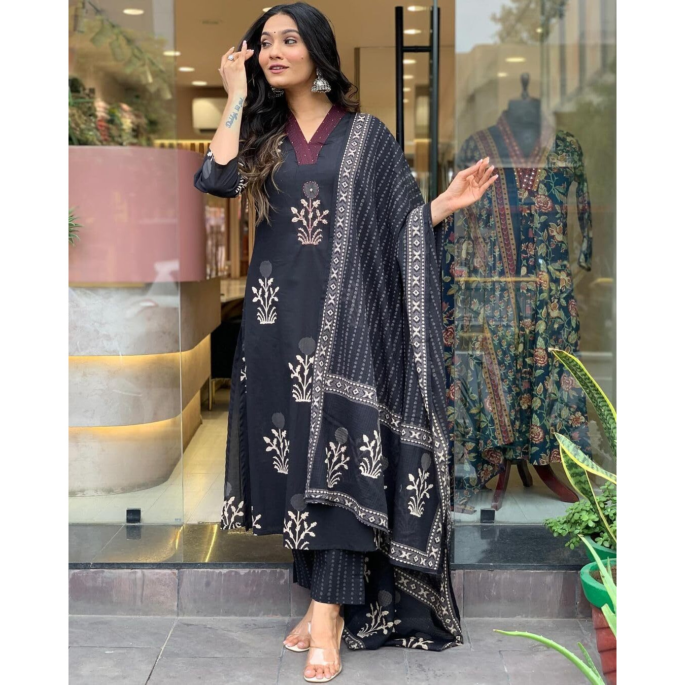 Gosriki Women's Rayon Blend Straight Printed Kurta With Pant & Dupatta (Jimny Black-Gs_Xl_Black_X-Large)