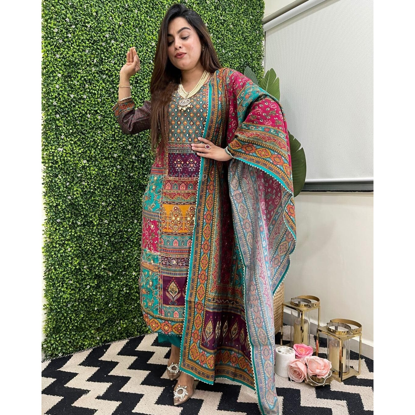 Gosriki Women's Rayon Viscose Straight Printed Kurta With Pant & Dupatta (Sula Green-Gs_Xl_Green_X-Large)
