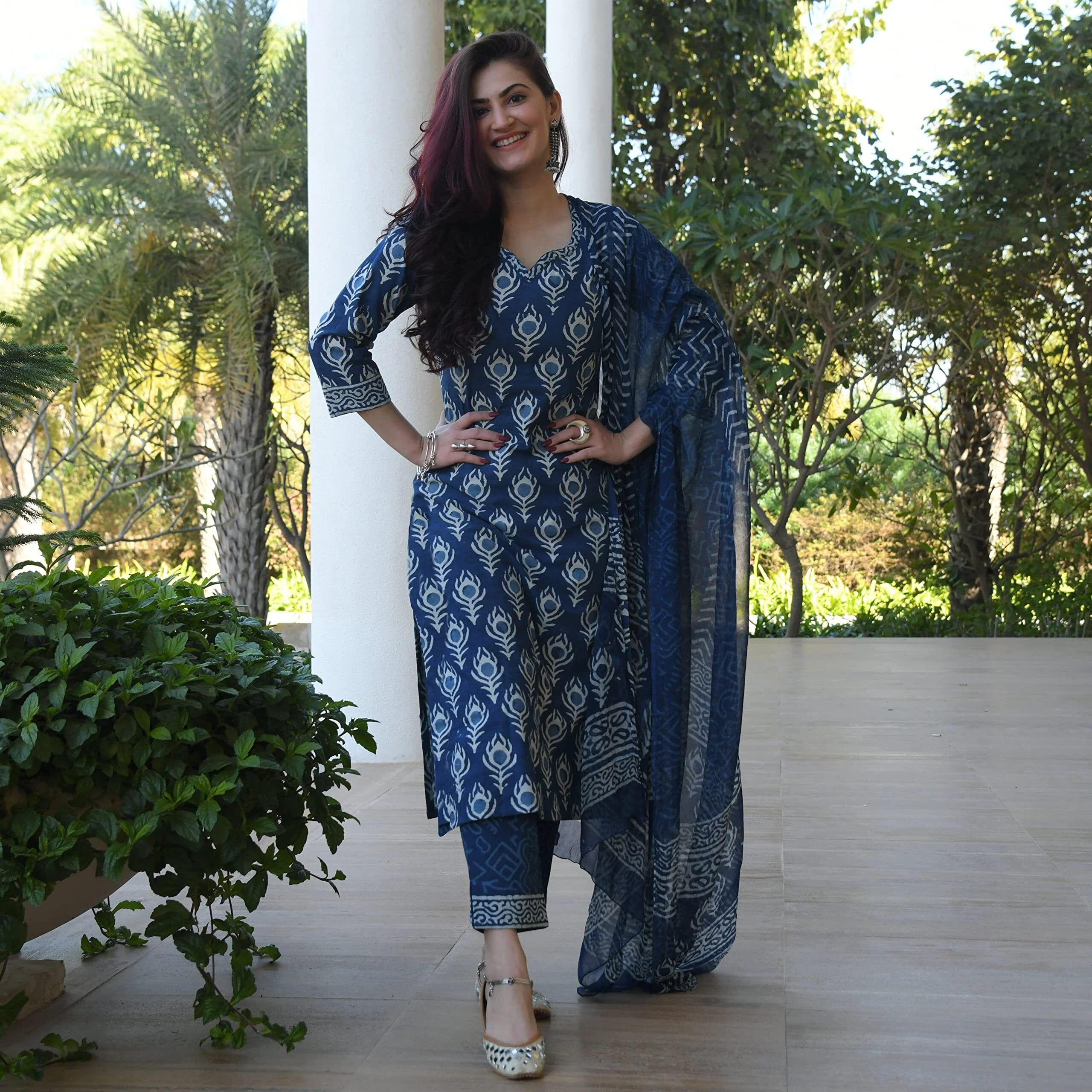Gosriki Women's Rayon Straight Printed Kurta With Pant & Dupatta (Bulgeriya Blue_Xl-Go_Blue_X-Large)