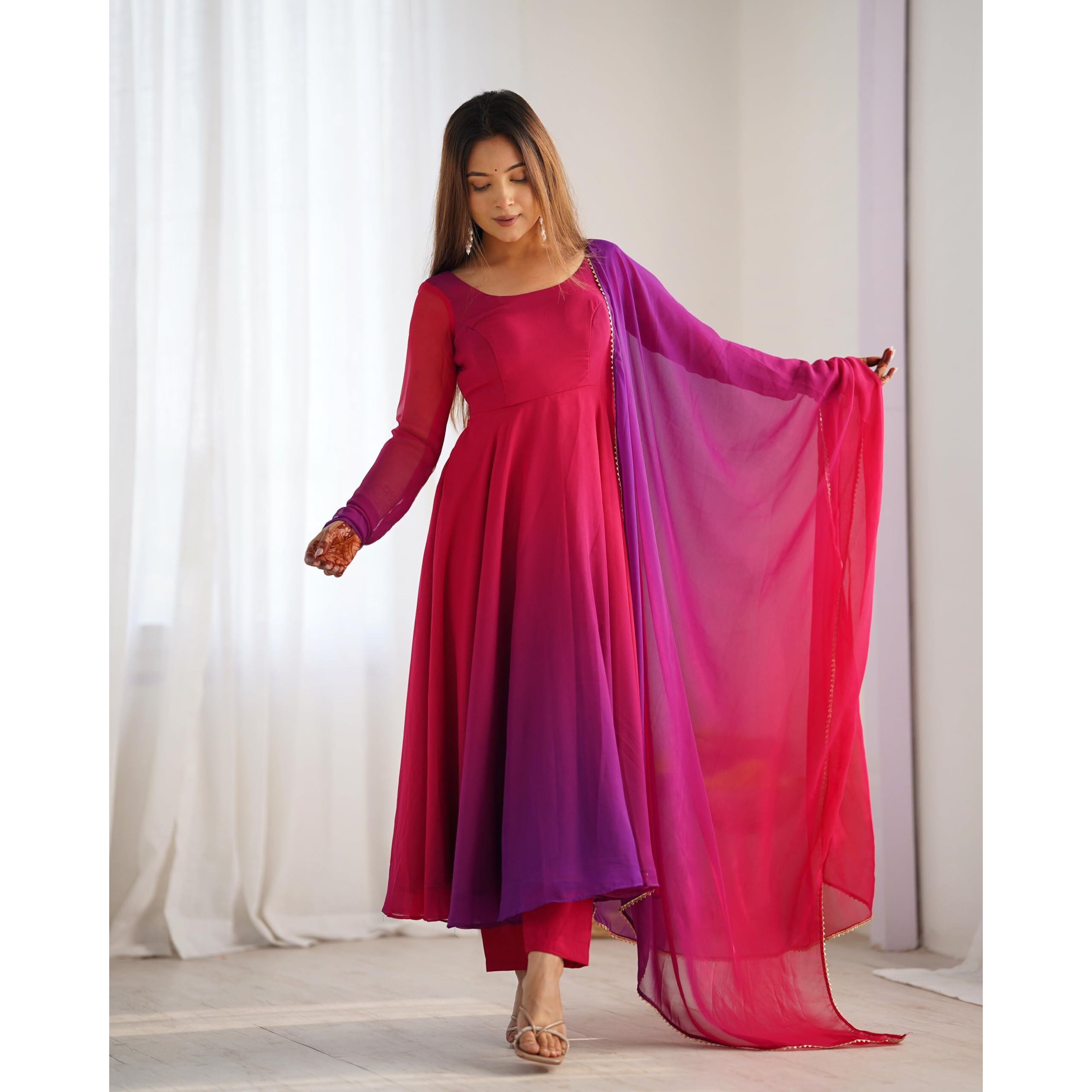 Gosriki Women's Georgette Anarkali Solid Kurta With Pant & Dupatta (Sade Pink-Gs_Xl_Pink_X-Large)