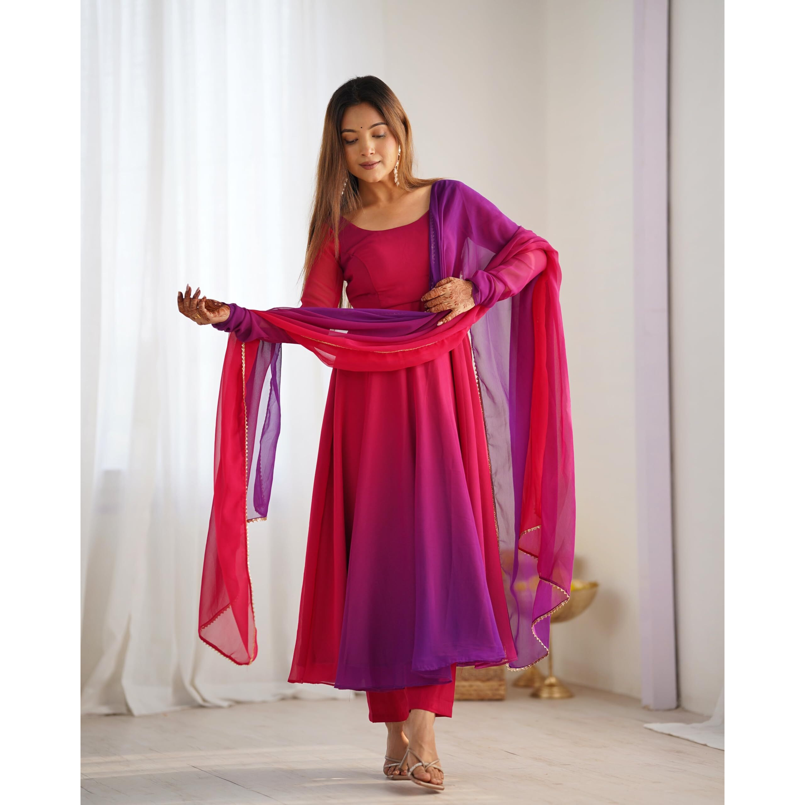 Gosriki Women's Georgette Anarkali Solid Kurta With Pant & Dupatta (Sade Pink-Gs_Xl_Pink_X-Large)