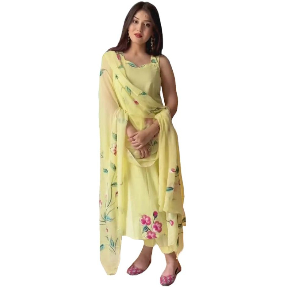 Gosriki Women's Rayon Viscose Straight Printed Kurta With Pant & Dupatta (Rehnuma Yellow-Gs_M_Yellow_Medium)
