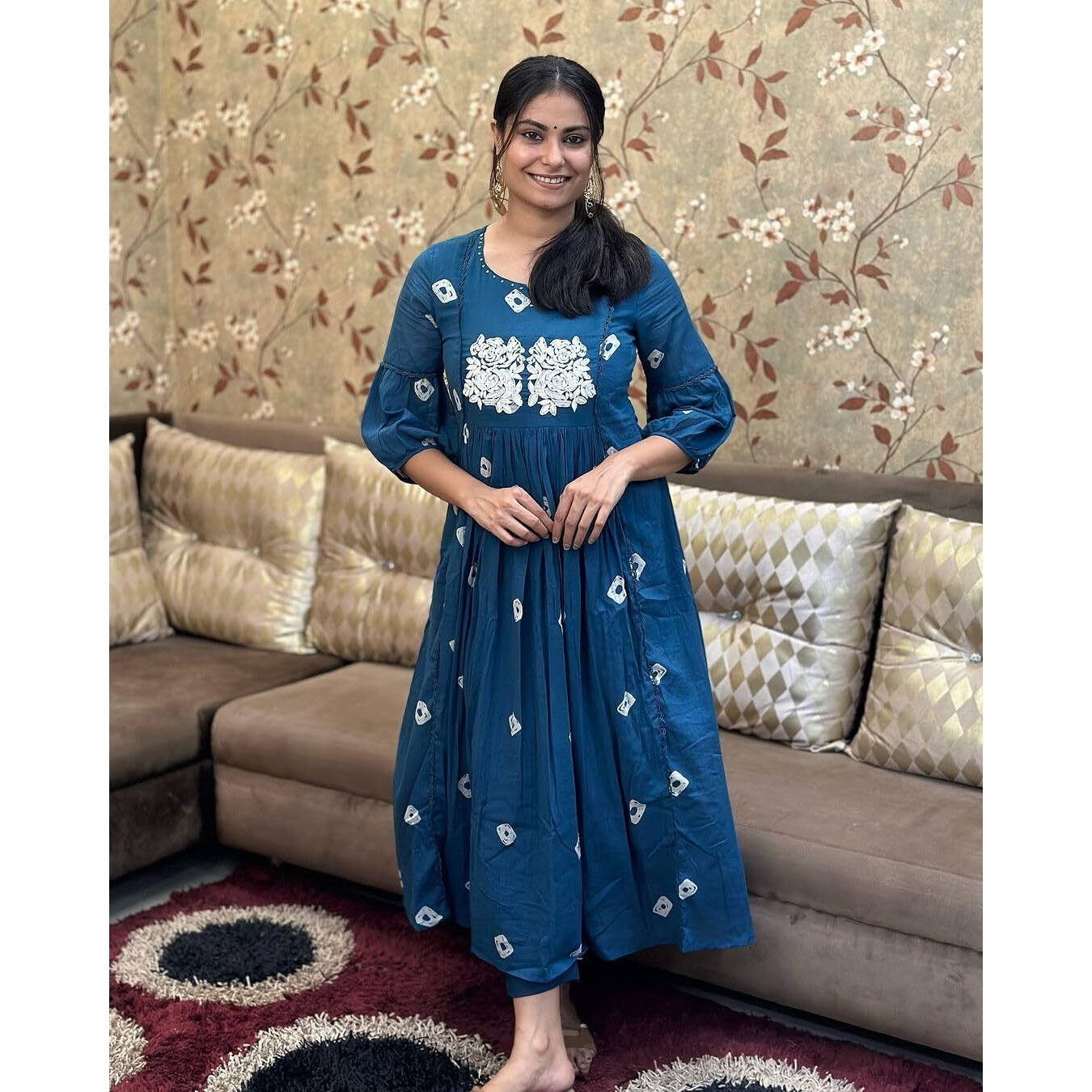 Gosriki Women's Rayon Blend Anarkali Printed Kurta With Pant (Anveshi Kerosin-Gs_S_Kerosin_Small) Dark Blue