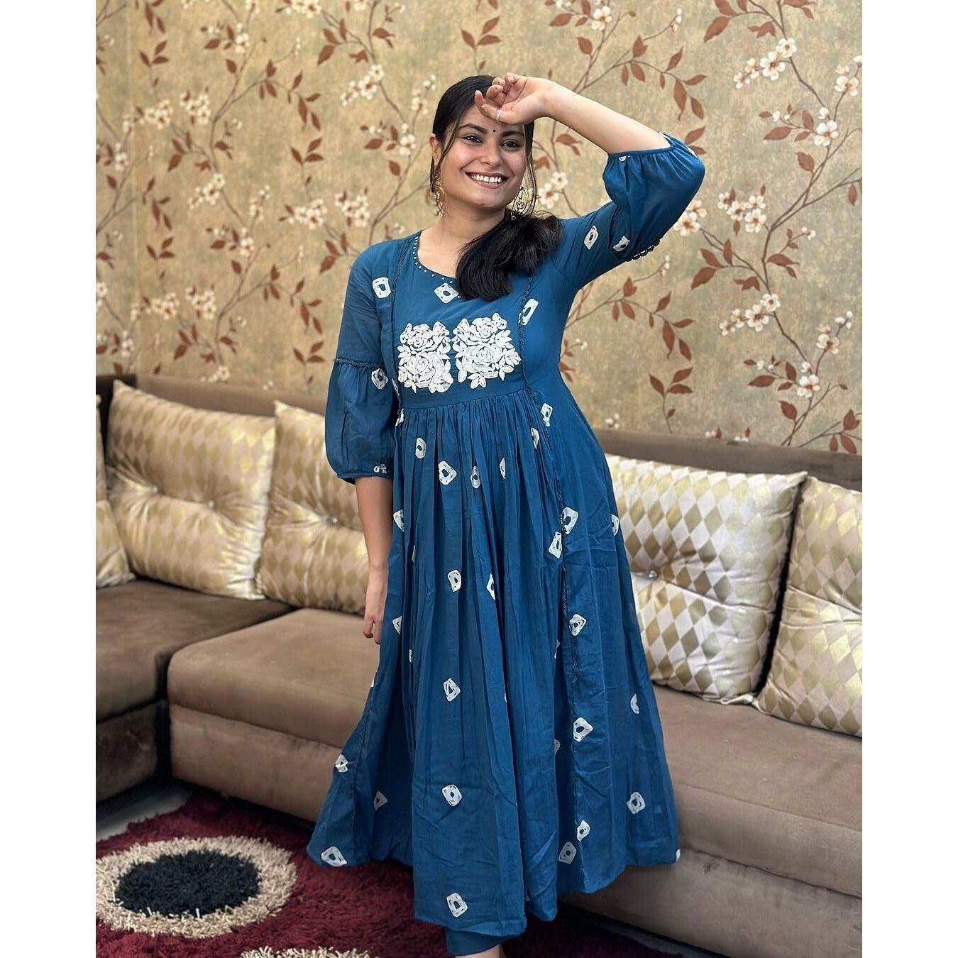 Gosriki Women's Rayon Blend Anarkali Printed Kurta With Pant (Anveshi Kerosin-Gs_S_Kerosin_Small) Dark Blue