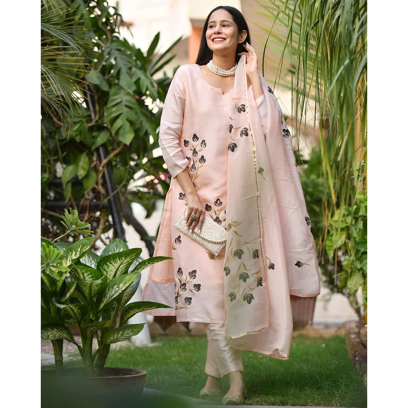 Gosriki Women's Cotton Blend Straight Printed Kurta With Pant & Dupatta (Brush-Peach-Gs_Xxl_Peach_Xx-Large)