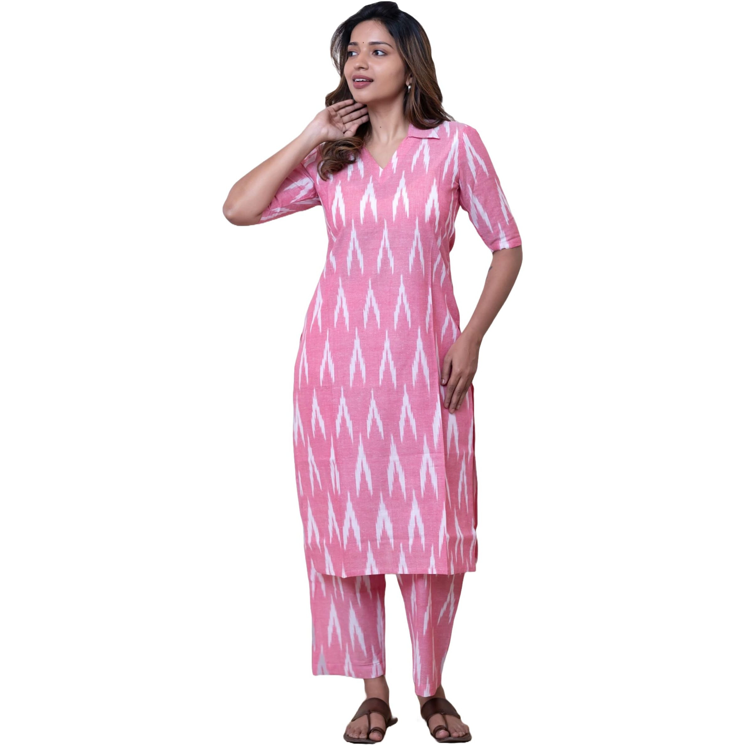 Gosriki Women's Rayon Viscose Straight Ikkat Printed Kurta With Pant (Demeter Pink-Vks01-Gs_Xxl_Pink_Xx-Large)