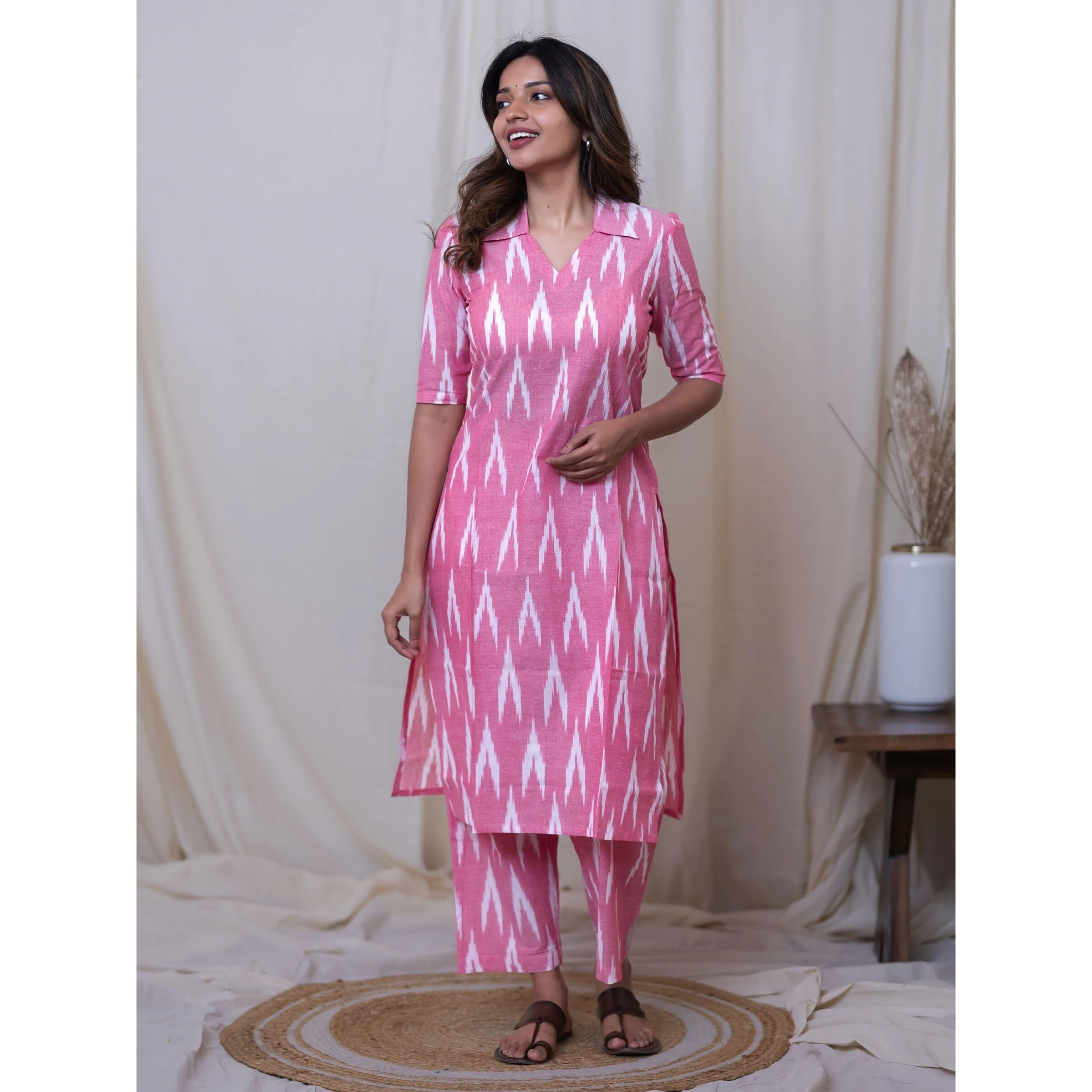 Gosriki Women's Rayon Viscose Straight Ikkat Printed Kurta With Pant (Demeter Pink-Vks01-Gs_Xxl_Pink_Xx-Large)