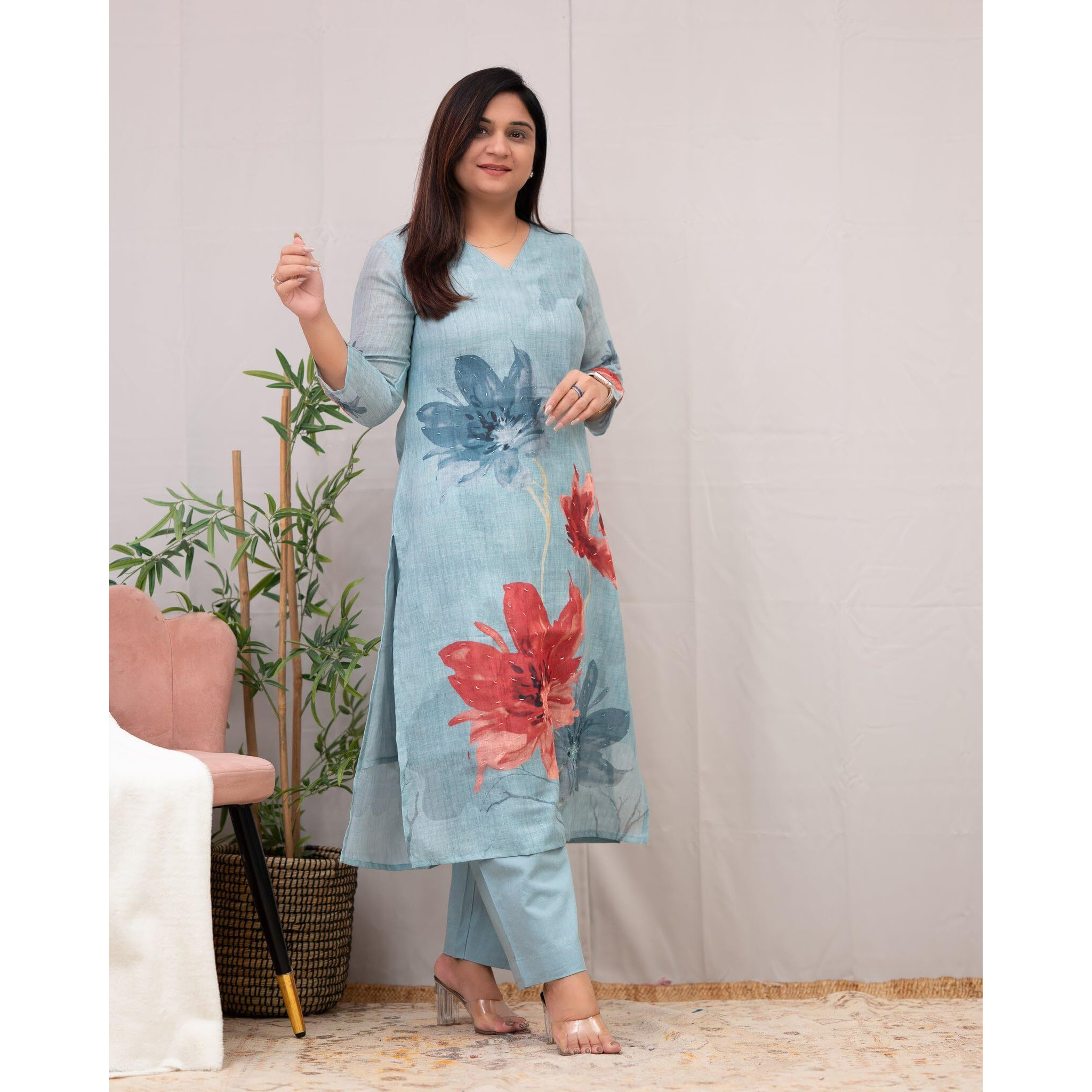 Gosriki Women's Rayon Blend Straight Printed Kurta With Pant (Susan Sky-Gs_S_Sky Blue_Small)