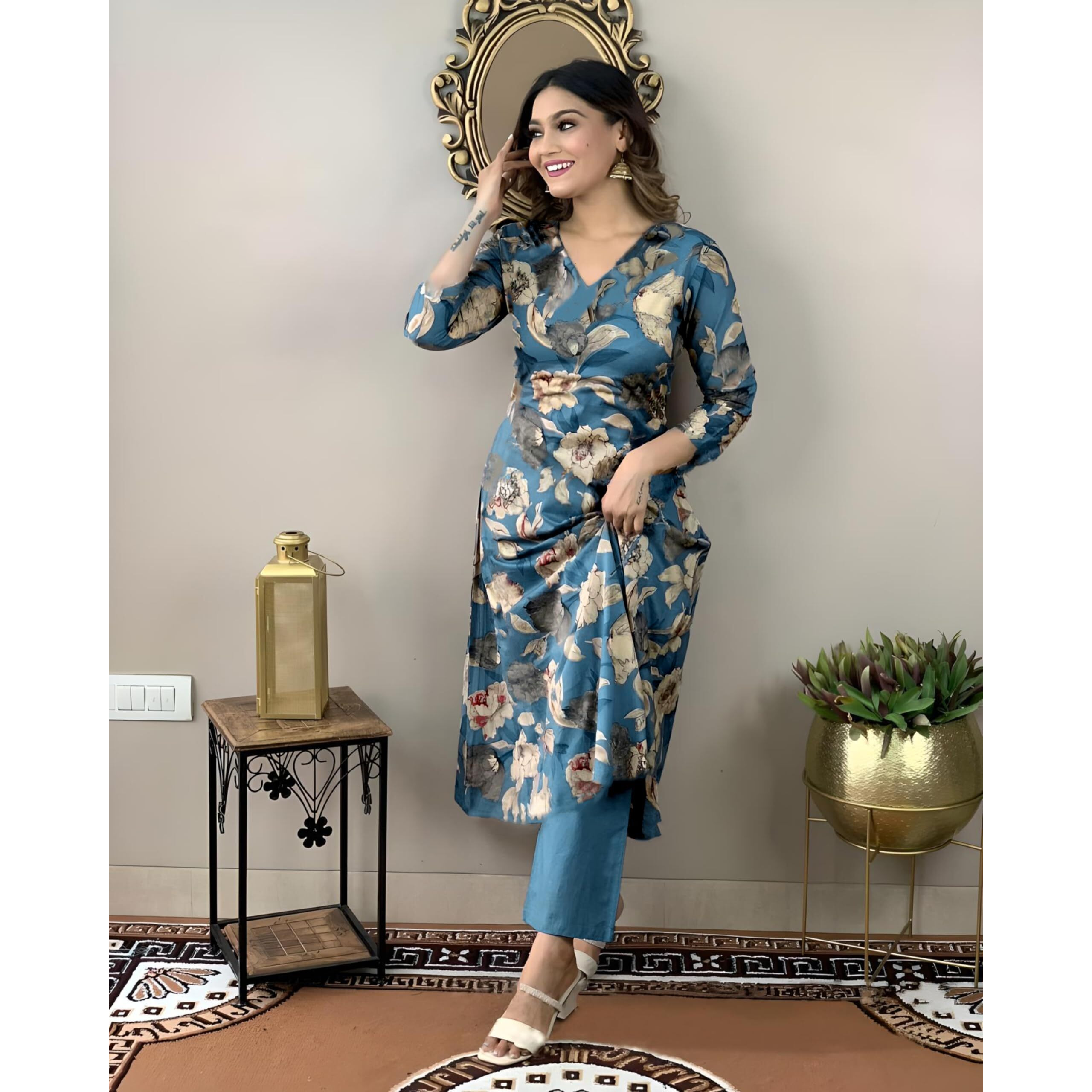 Gosriki Women's Rayon Blend Straight Printed Kurta With Pant (Dhun Cerosin-Gs_S_Dark Blue_Small)