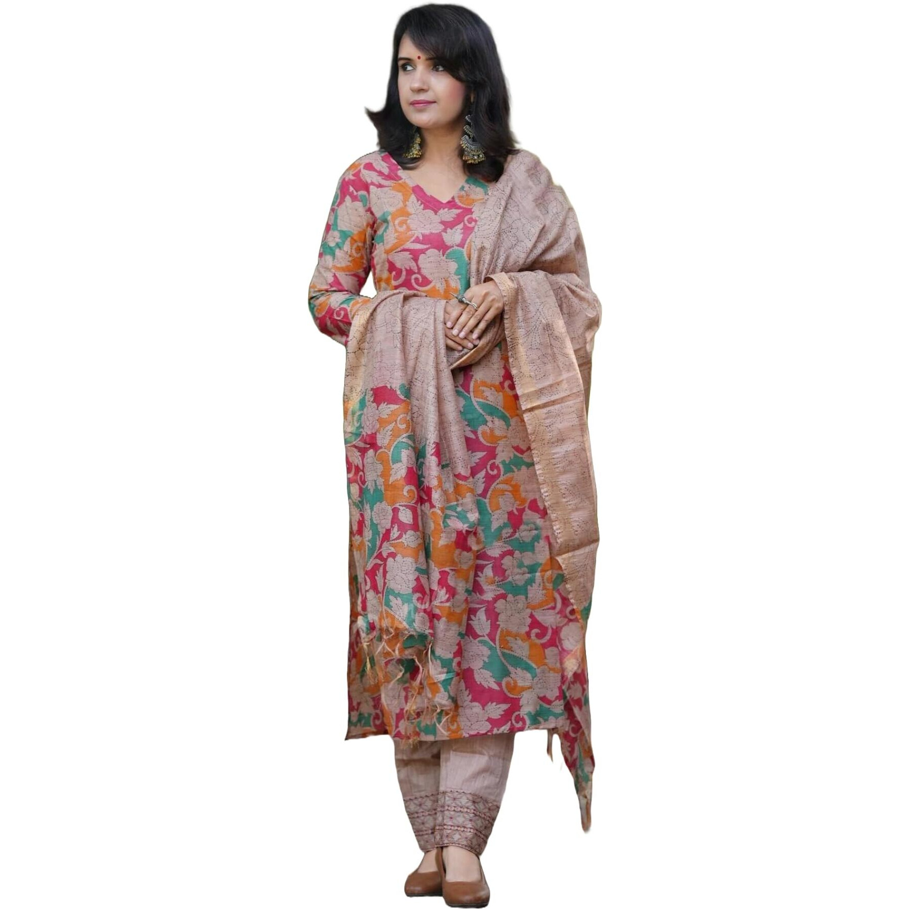 Gosriki Women's Rayon Blend Printed Straight Kurta With Pant & Dupatta (Candy-Fvbcd_Beige_Small)