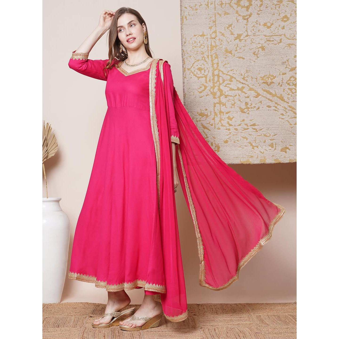 Gosriki Women's Rayon Blend Anarkali Solid Kurta With Pant & Dupatta (Shyam Pink-Gs_Xl_Pink_X-Large)