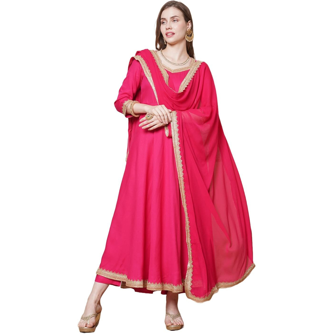Gosriki Women's Rayon Blend Anarkali Solid Kurta With Pant & Dupatta (Shyam Pink-Gs_L_Pink_Large)