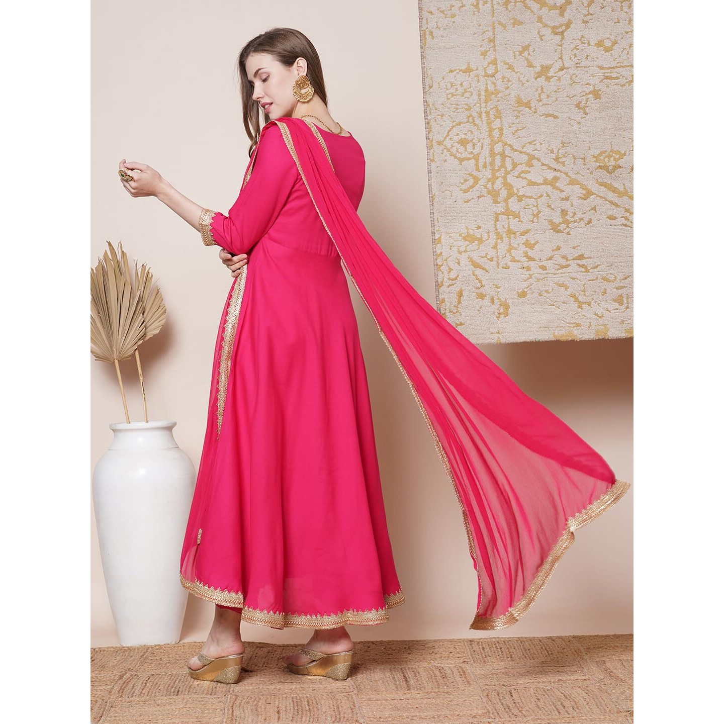 Gosriki Women's Rayon Blend Anarkali Solid Kurta With Pant & Dupatta (Shyam Pink-Gs_L_Pink_Large)