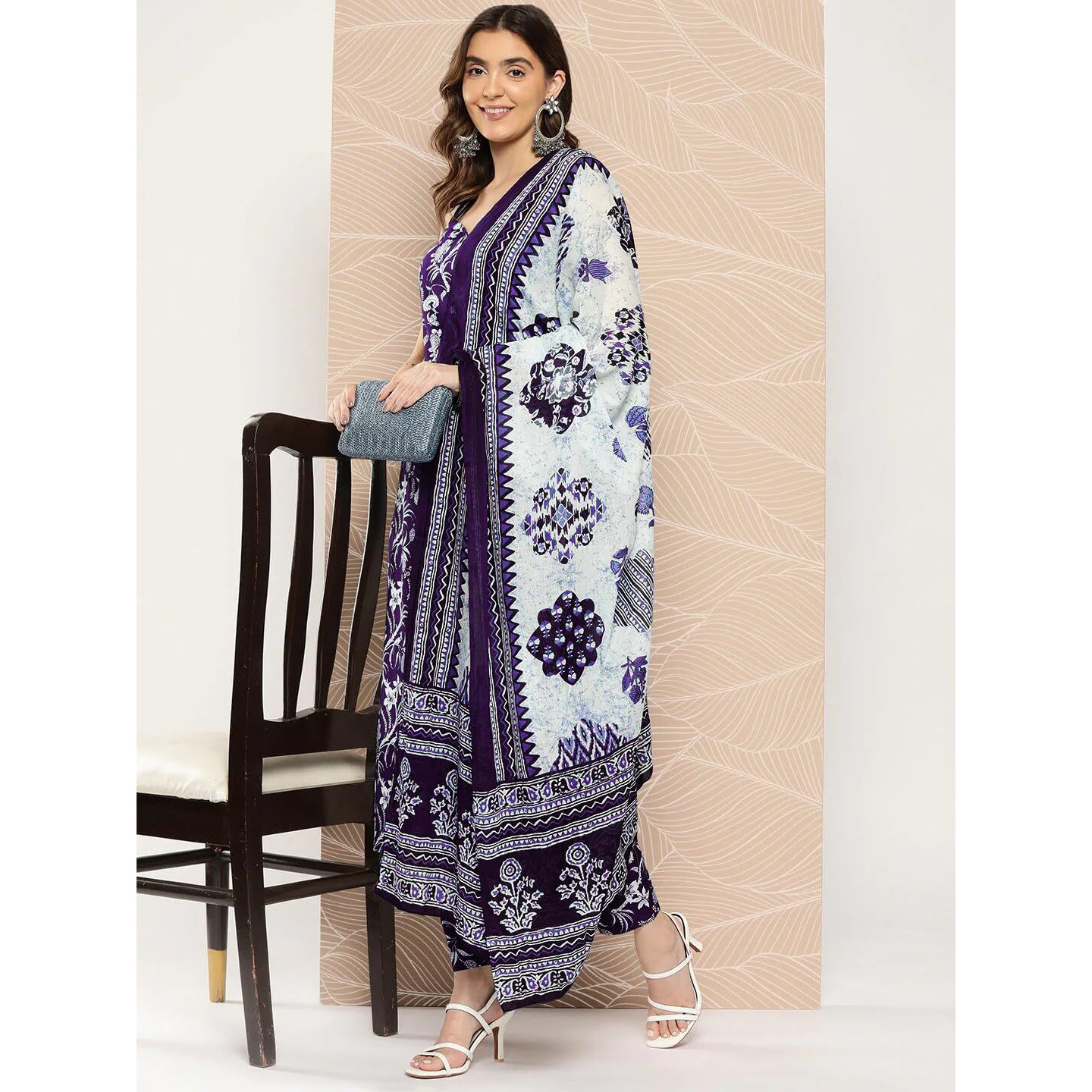 Gosriki Women's Rayon Blend Straight Printed Kurta With Pant & Dupatta (Ball-Purple-Gs_S_Purple_Small)