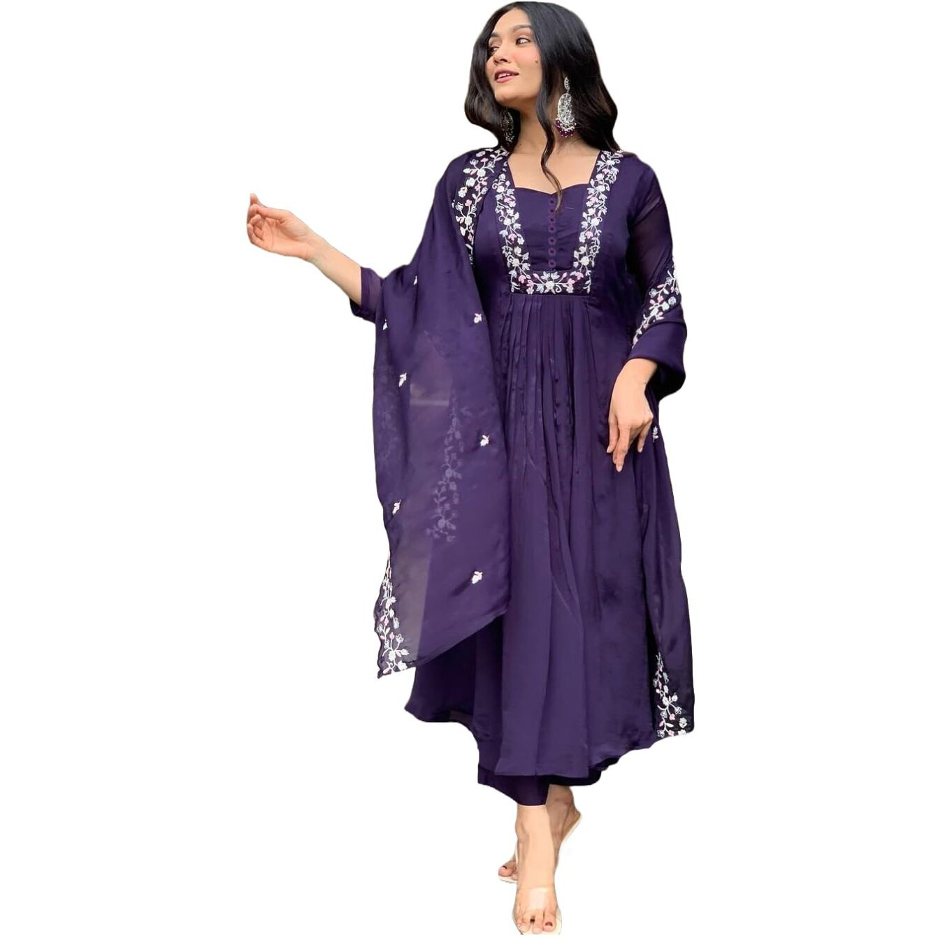 Gosriki Women's Rayon Blend A-Line Printed Kurta With Pant & Dupatta (Vanisri Begani-Gs_3Xl_Begani_Xxx-Large)