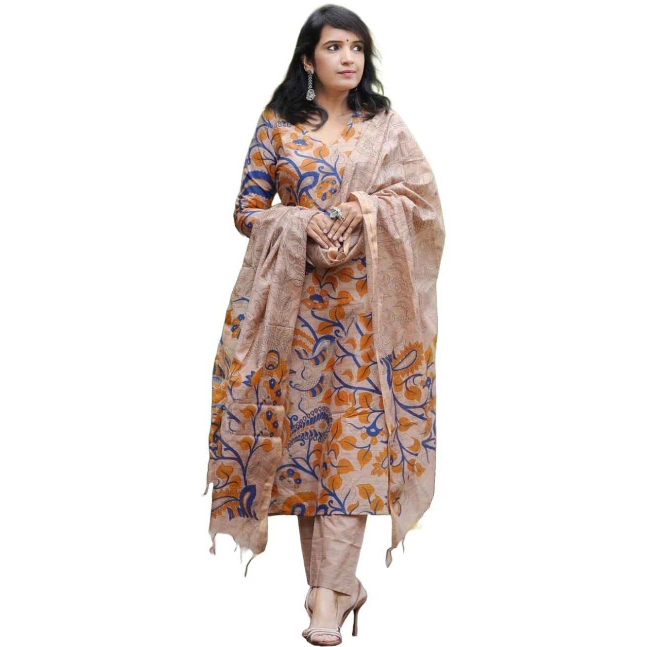 Gosriki Women's Rayon Blend Printed Straight Kurta With Pant & Dupatta (Kalam Chiku-Gs_3Xl_Beige_Xxx-Large)